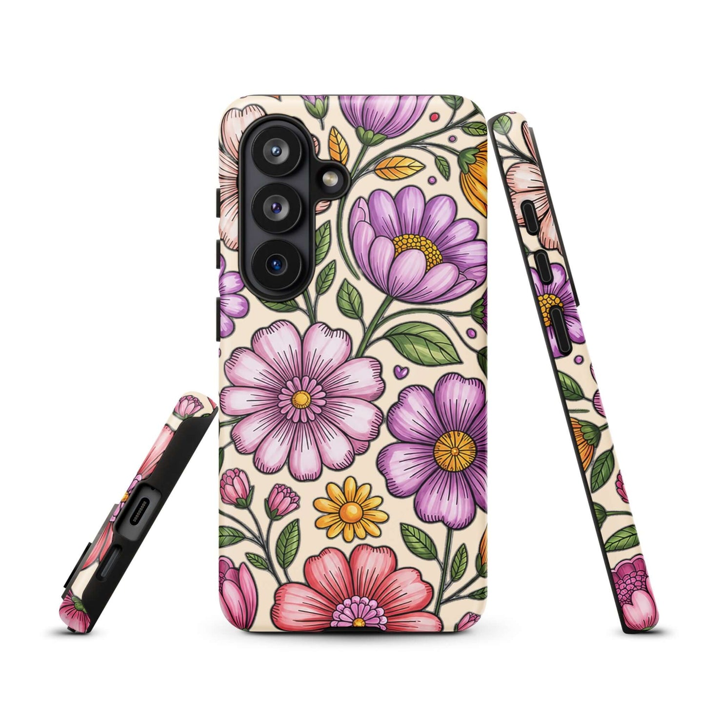 Phone Case for Samsung Galaxy with pastel floral design in pink, peach, lavender, and yellow on a dark background.