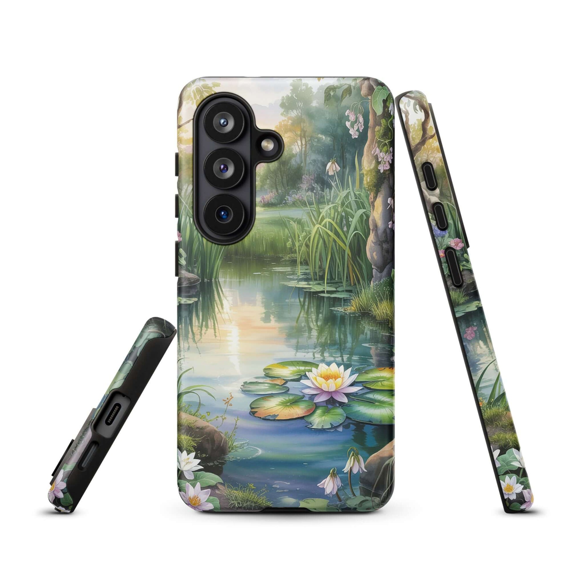 Phone Case for Samsung Galaxy with enchanted pond design featuring lily-dotted water and lush greenery in sunset light.
