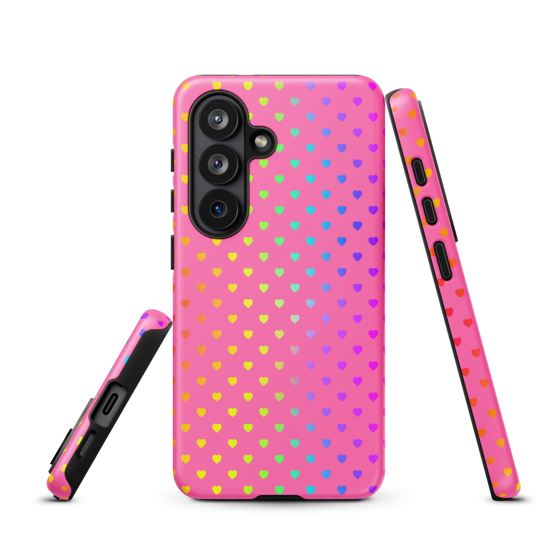 phone case for Samsung Galaxy with cute rainbow hearts on a pink background, designed for vibrant charm and dual-layer protection