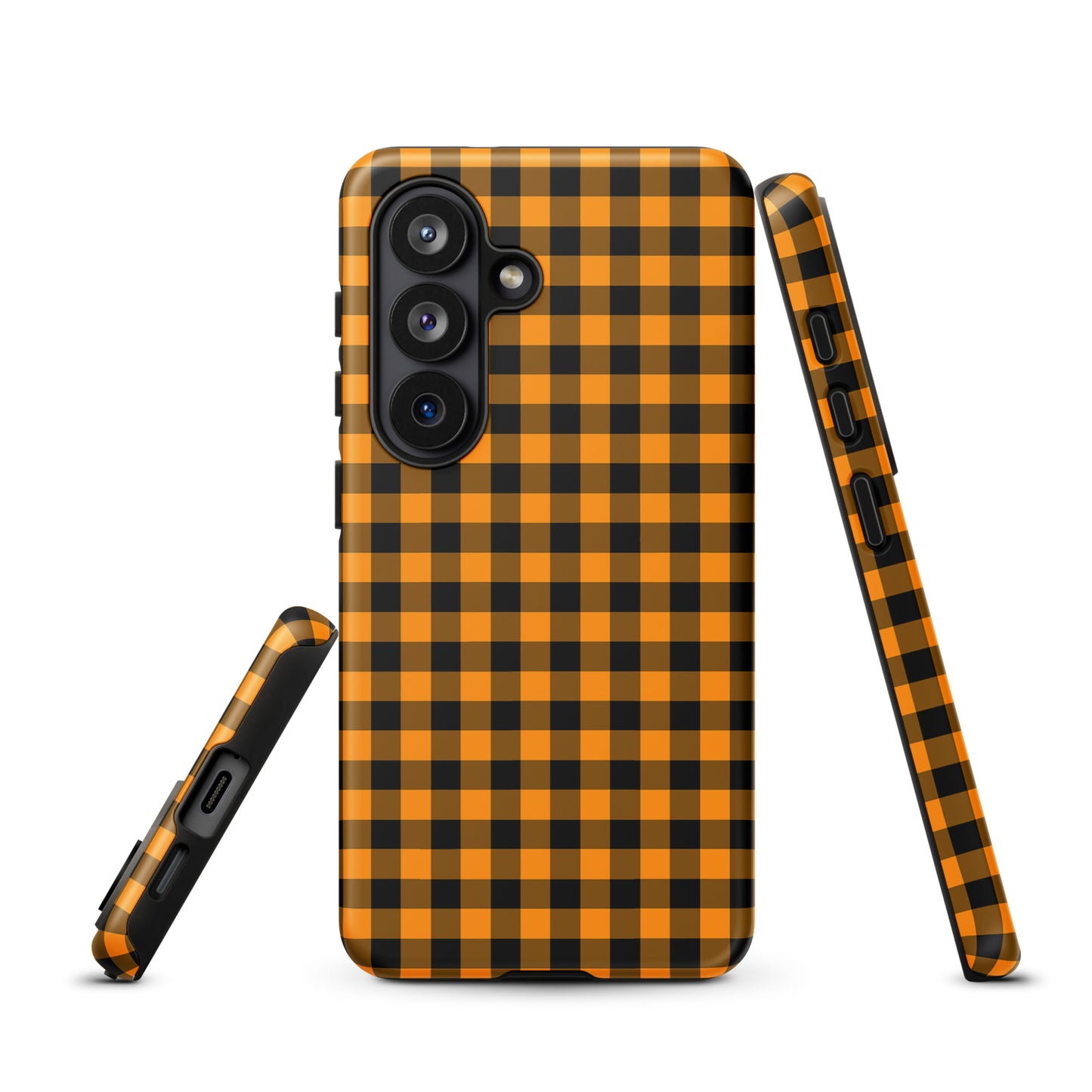 Black-and-orange gingham phone case for Samsung Galaxy in autumn theme, offering chic design and durability.