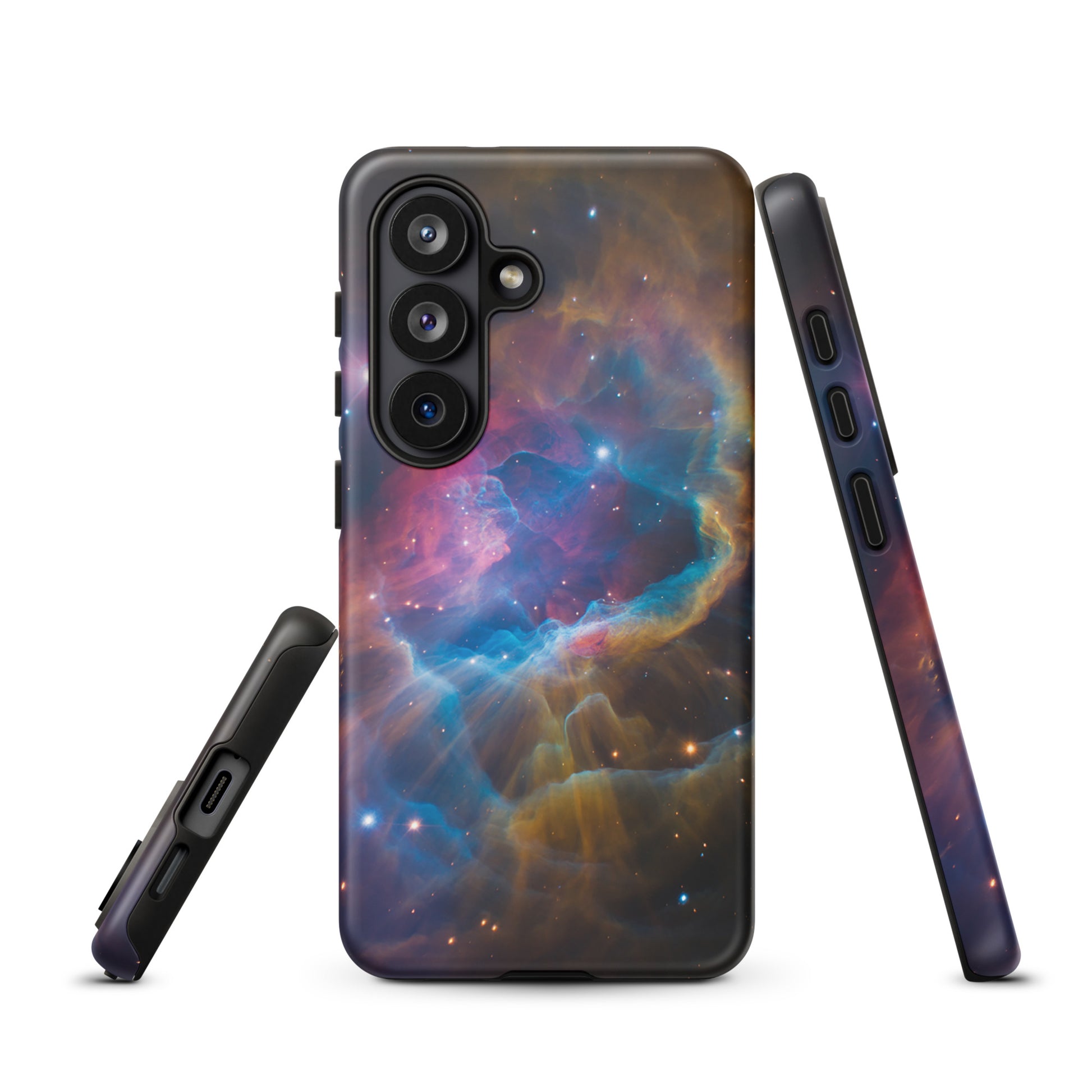 Phone Case for Samsung Galaxy featuring a swirling nebula design with electric blues, fiery oranges, and dreamy pinks.