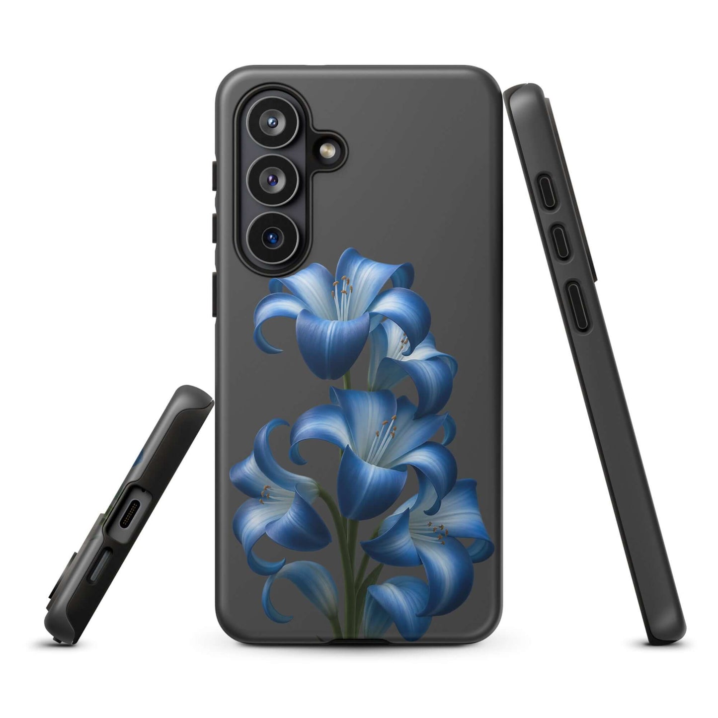 Phone Case for Samsung Galaxy featuring blue lily bloom design, protective dual-layer build, floral magic on sleek dark backdrop.
