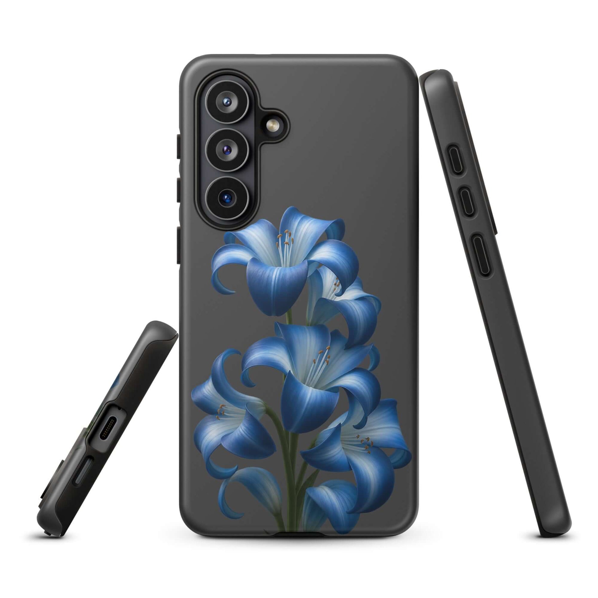 Phone Case for Samsung Galaxy featuring blue lily bloom design, protective dual-layer build, floral magic on sleek dark backdrop.