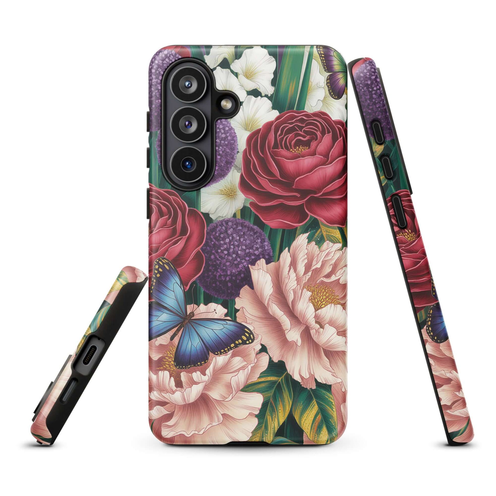 Phone Case for Samsung Galaxy featuring botanical flowers and a blue butterfly illustration.