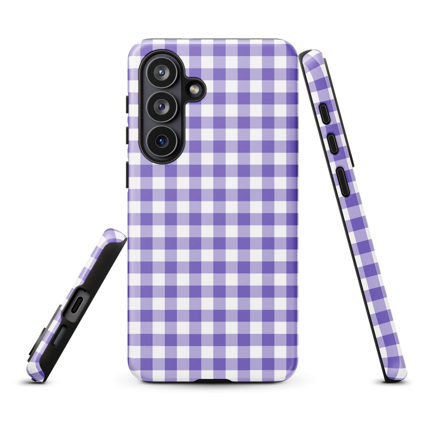Phone case with purple and white gingham pattern for Samsung Galaxy, combining style and protection for smartphone elegance.