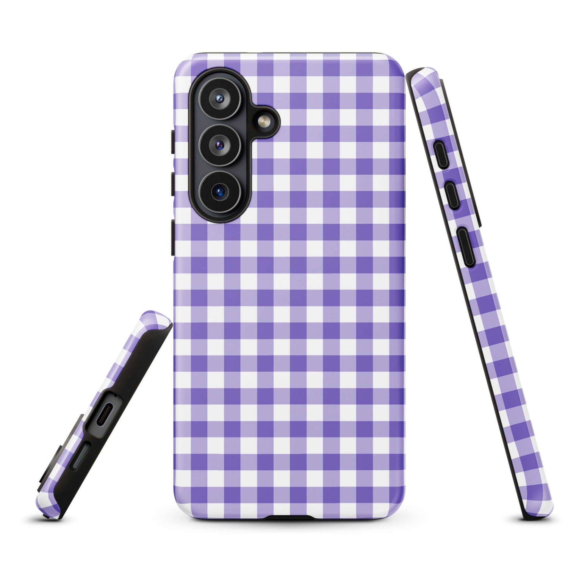 Phone case with purple and white gingham pattern for Samsung Galaxy, combining style and protection for smartphone elegance.