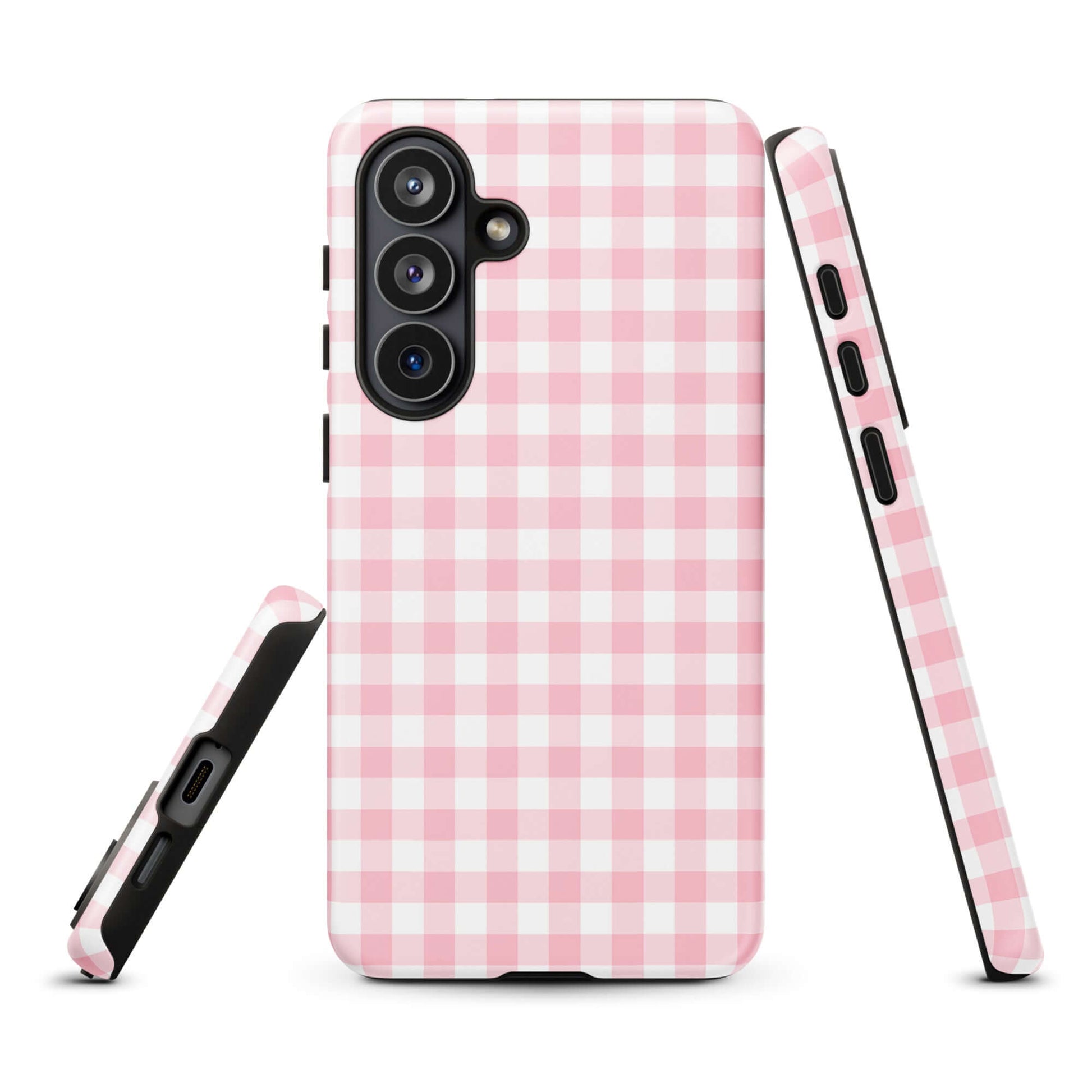 Phone Case for Samsung Galaxy in pink and white gingham pattern, offering style and protection.