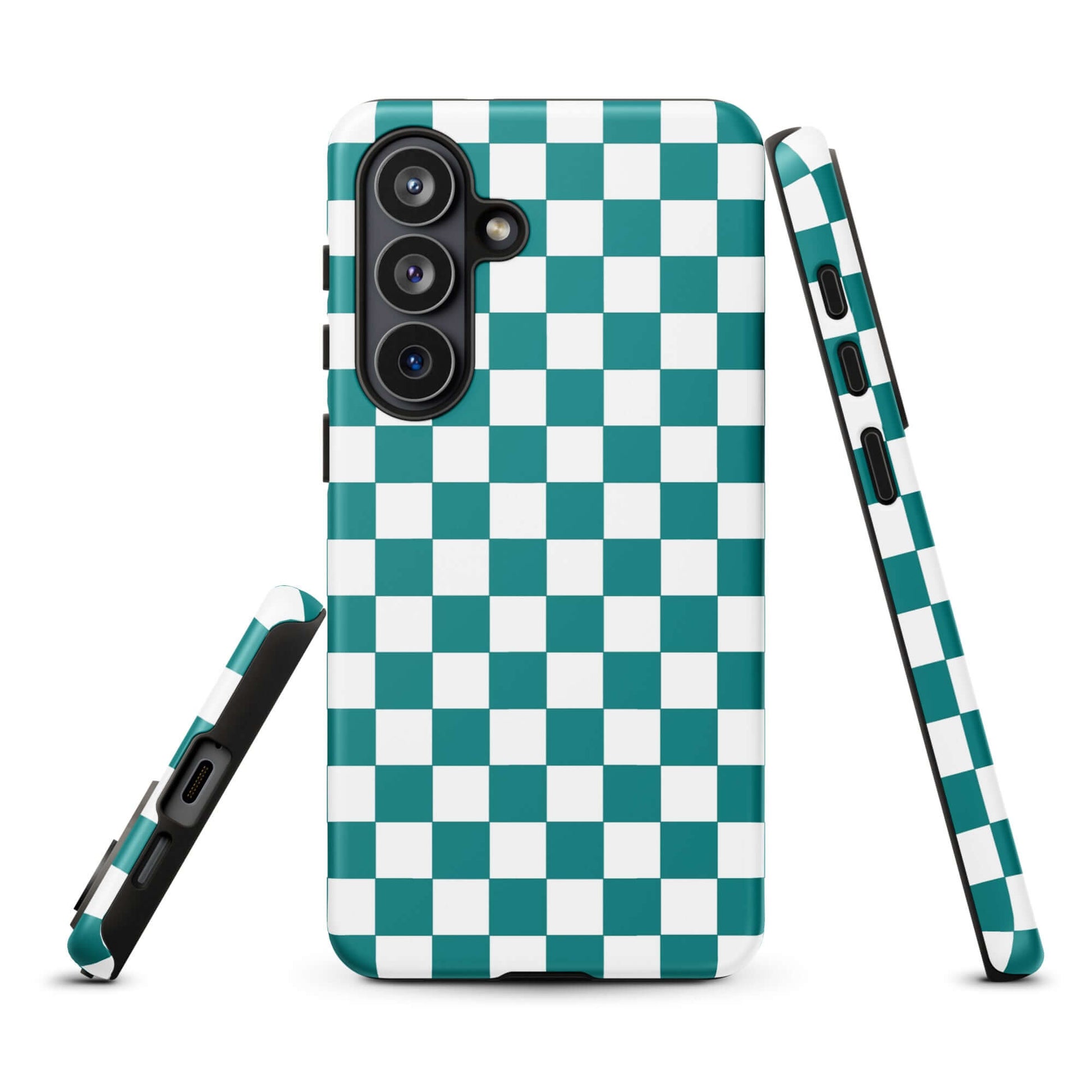 Teal and white checkered Phone Case for Samsung Galaxy enhancing style and personality, offering a bold fashion statement in mobile accessories.