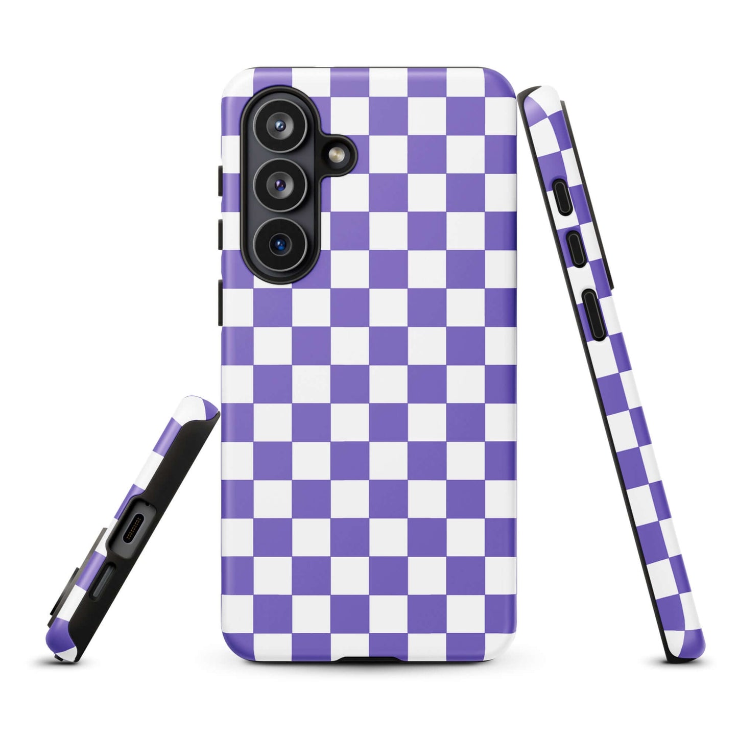 Phone Case for Samsung Galaxy with purple and white checkered pattern, showing front and sides, trendy and stylish protection.