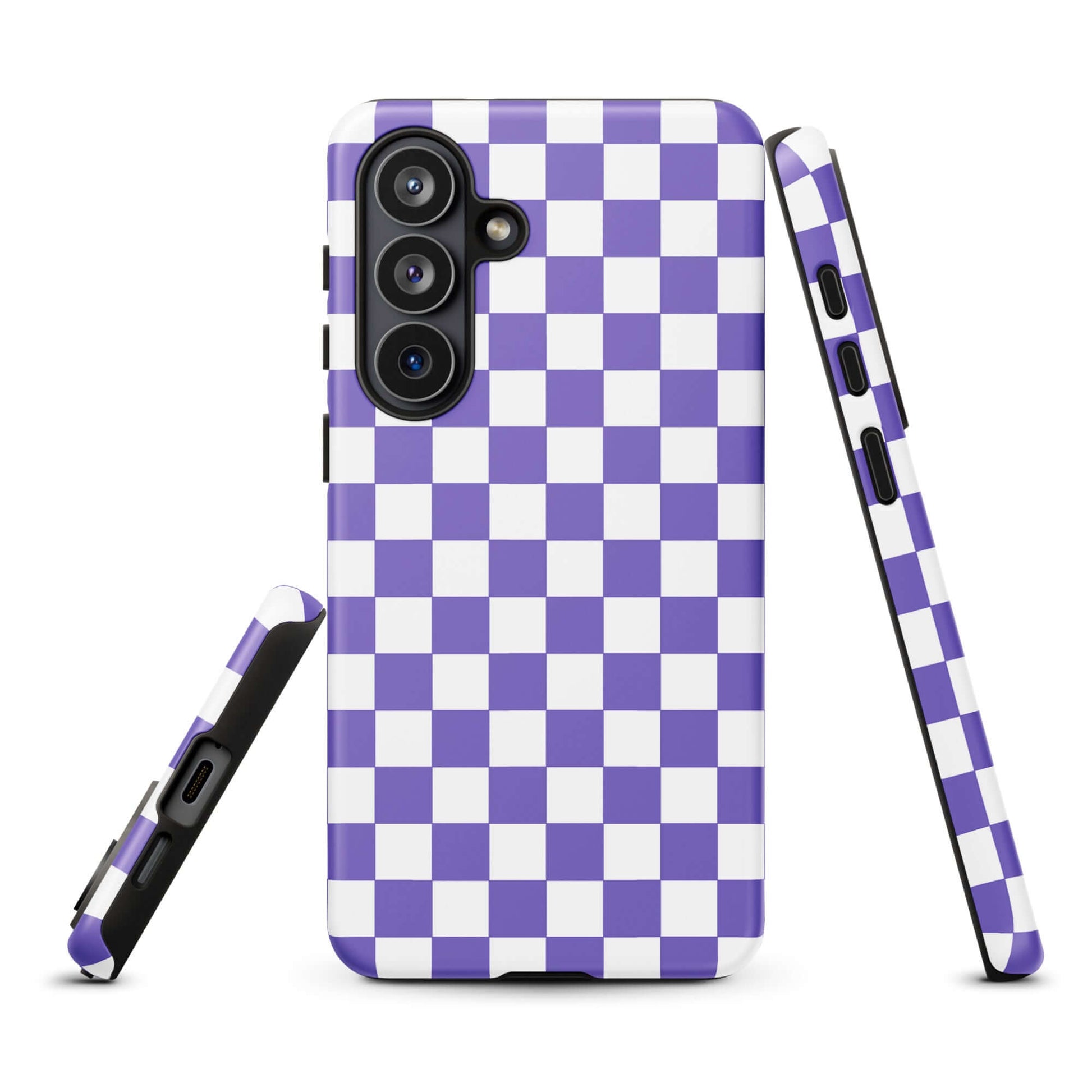 Phone Case for Samsung Galaxy with purple and white checkered pattern, showing front and sides, trendy and stylish protection.