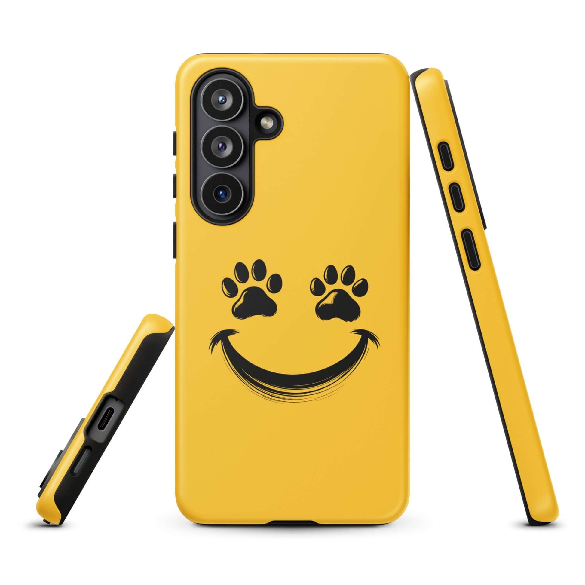 Yellow Phone Case for Samsung Galaxy with smiley paw print design for pet lovers, durable and playful, perfect for animal enthusiasts.