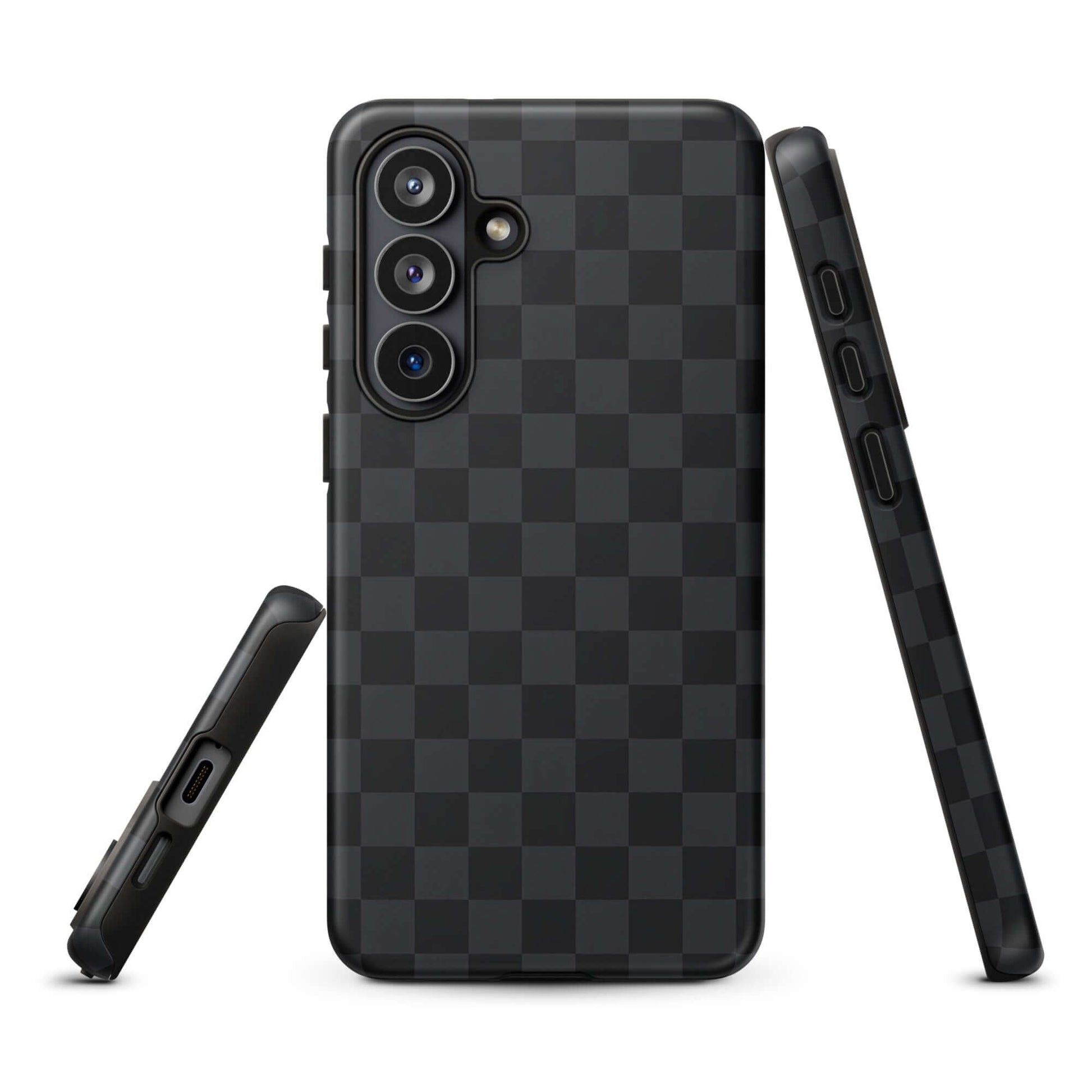Phone Case for Samsung Galaxy in black and charcoal checkered design, sleek and modern cover providing device protection.