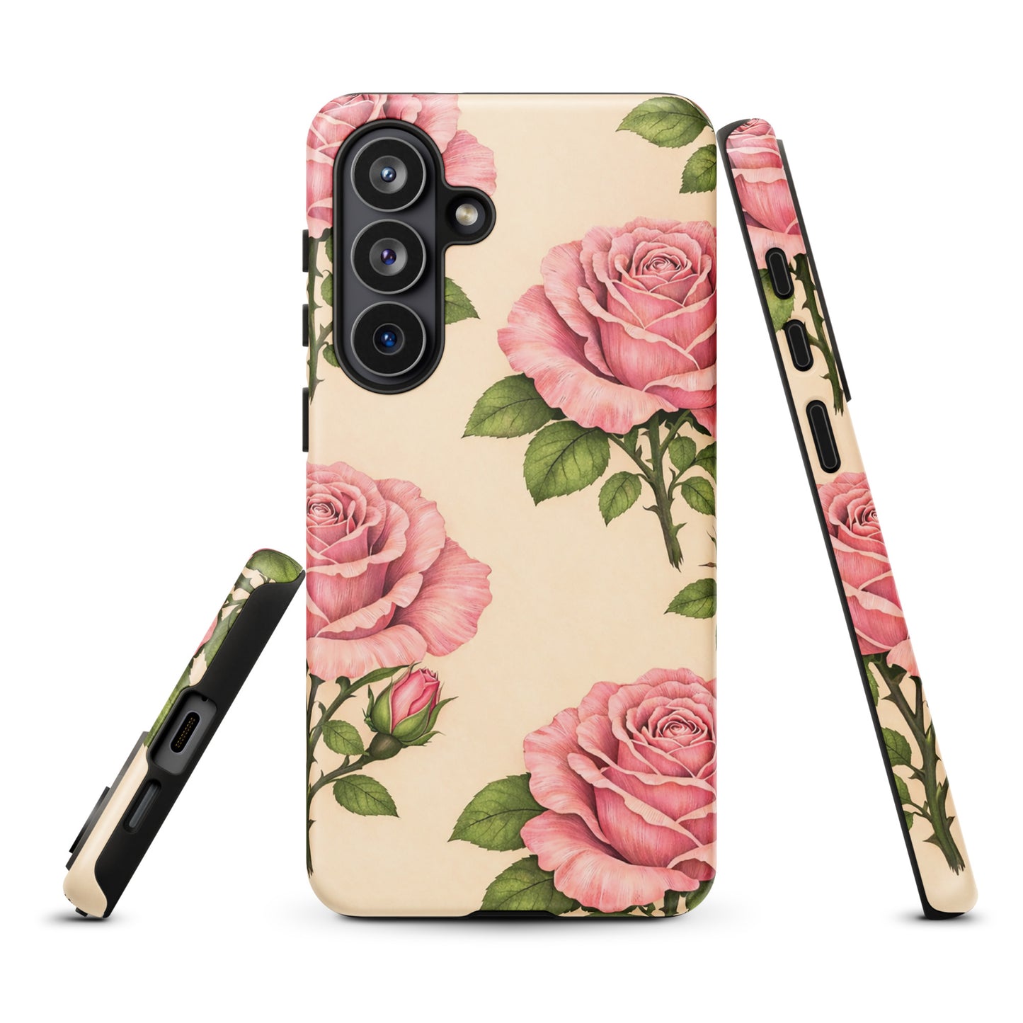 Phone Case for Samsung Galaxy with pink roses on warm cream background, offering floral beauty and protection.