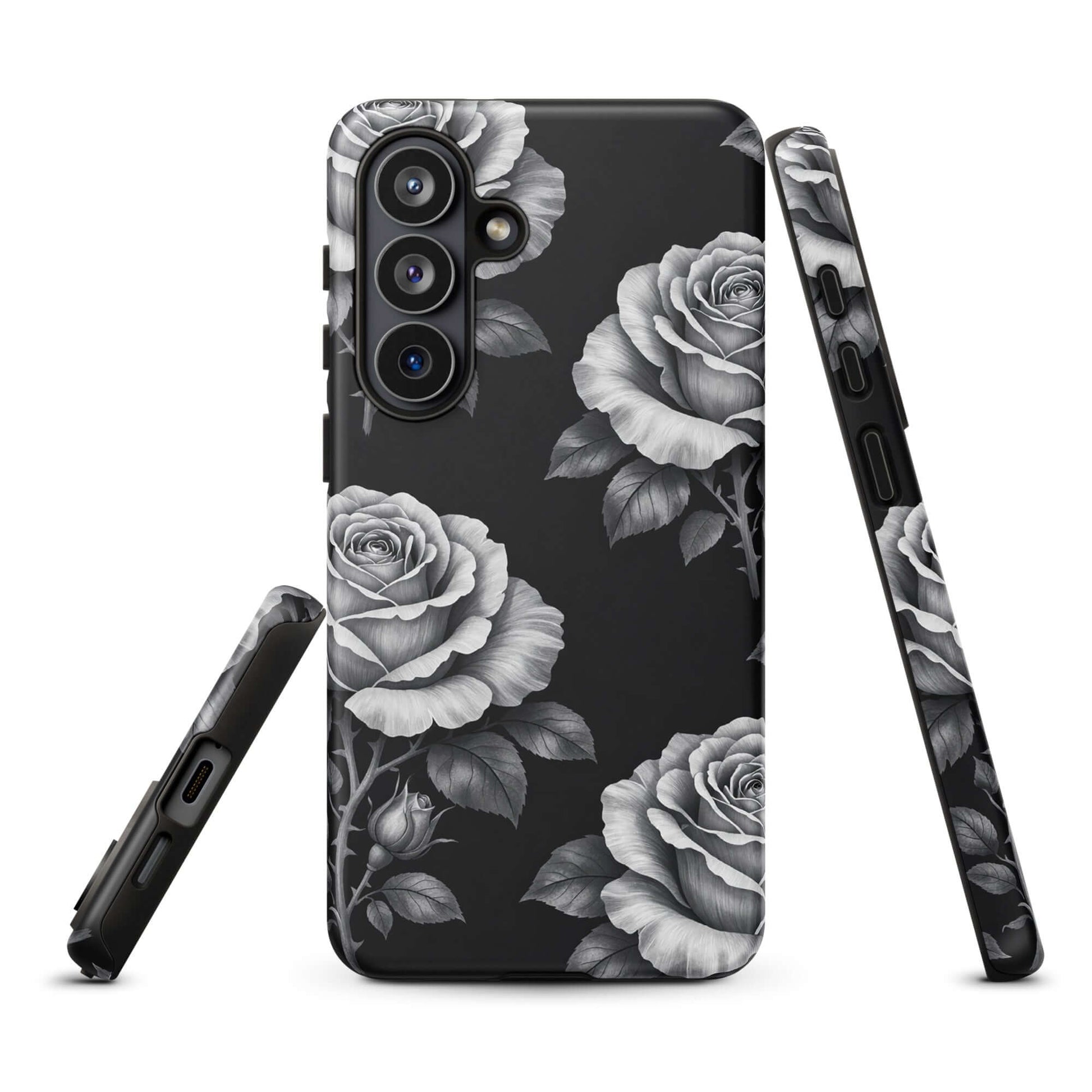Phone Case for Samsung Galaxy with rose design on black background
