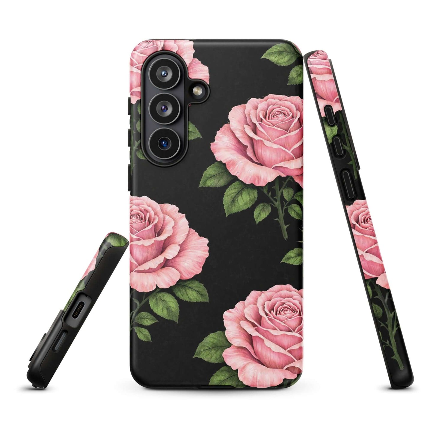 Phone Case for Samsung Galaxy with pink rose garden design on black background