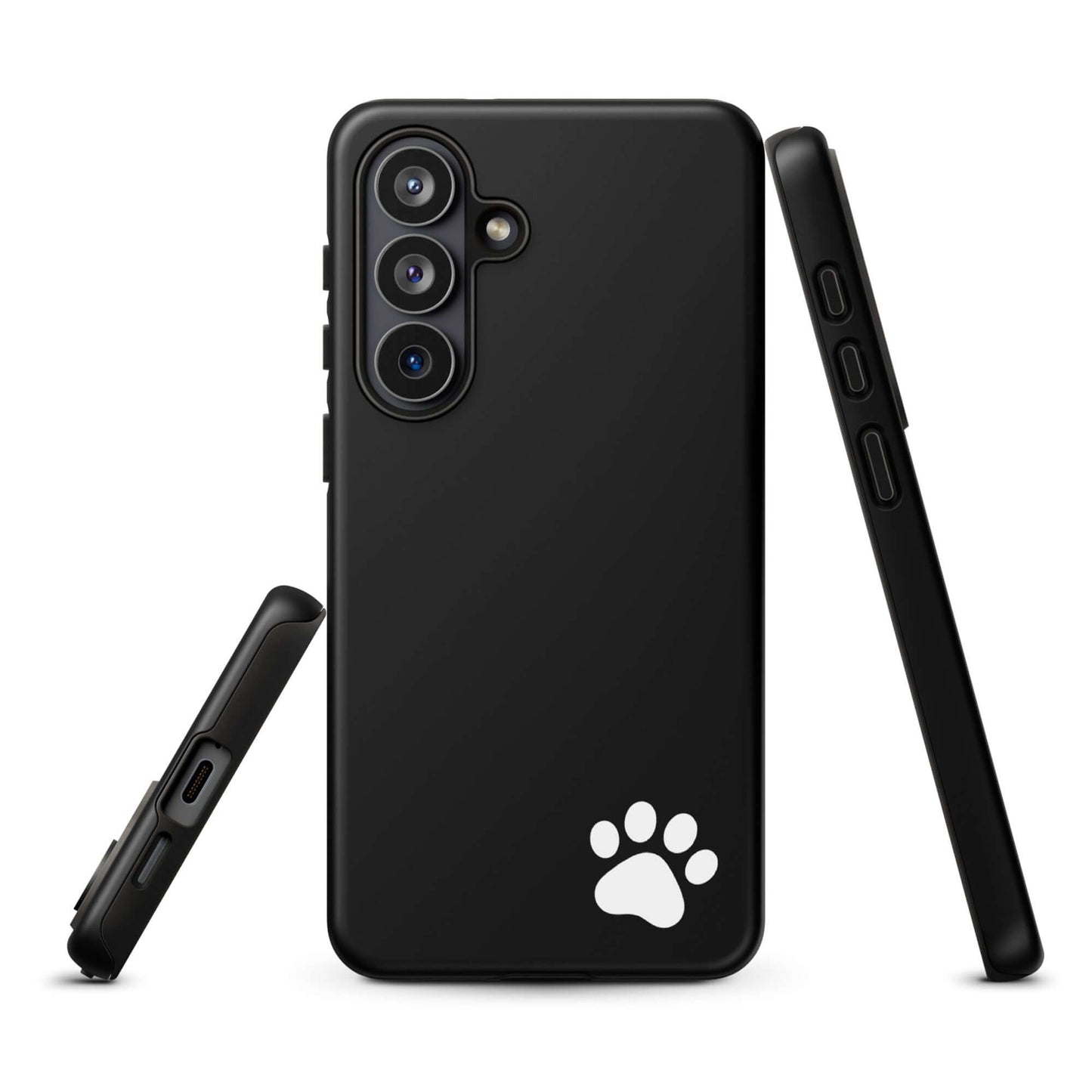 Phone Case with minimalist paw print design for Samsung Galaxy, black and sleek, featuring a small white paw print at the lower corner.