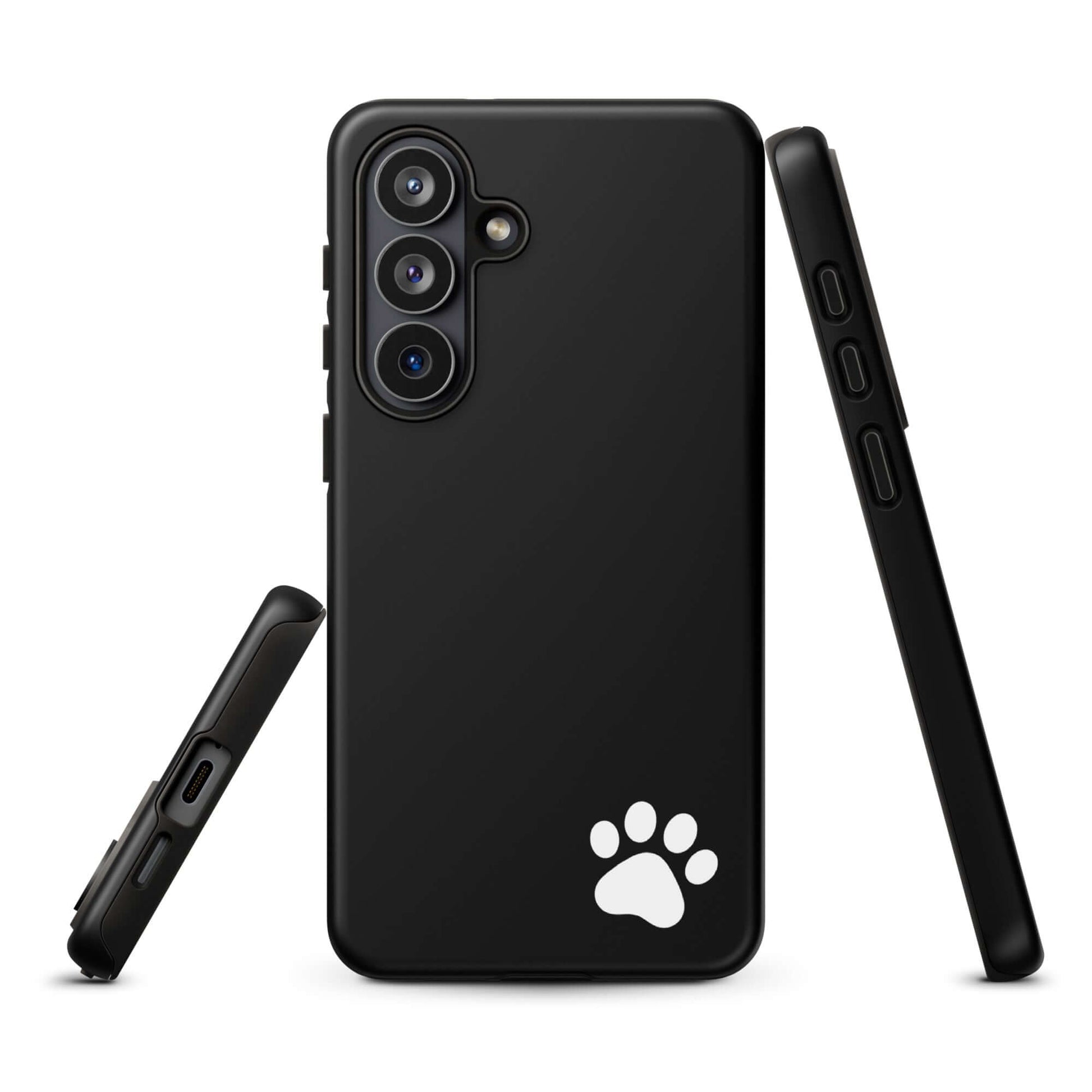 Phone Case with minimalist paw print design for Samsung Galaxy, black and sleek, featuring a small white paw print at the lower corner.