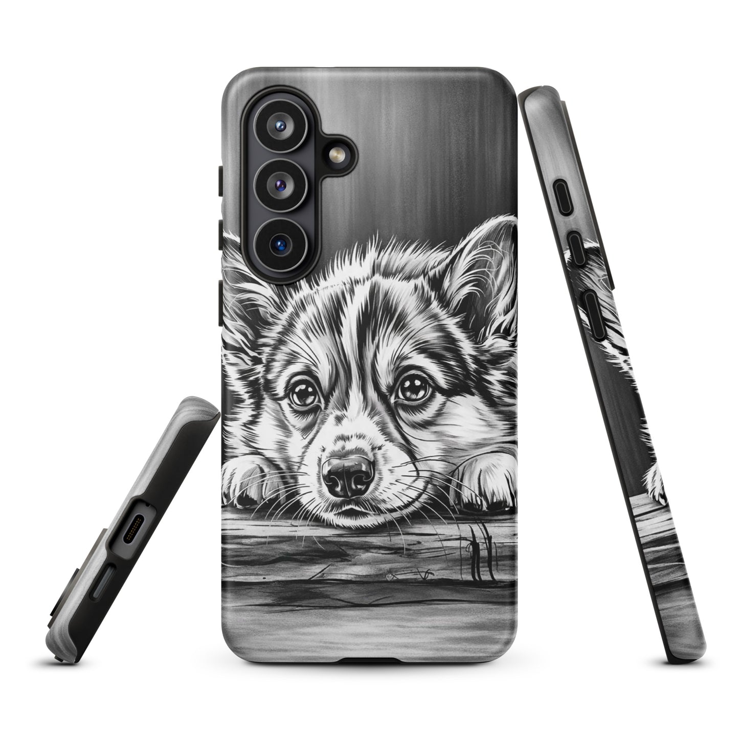 Phone Case for Samsung Galaxy with elegant black-and-white puppy art on an aged wood background, offering style and protection.
