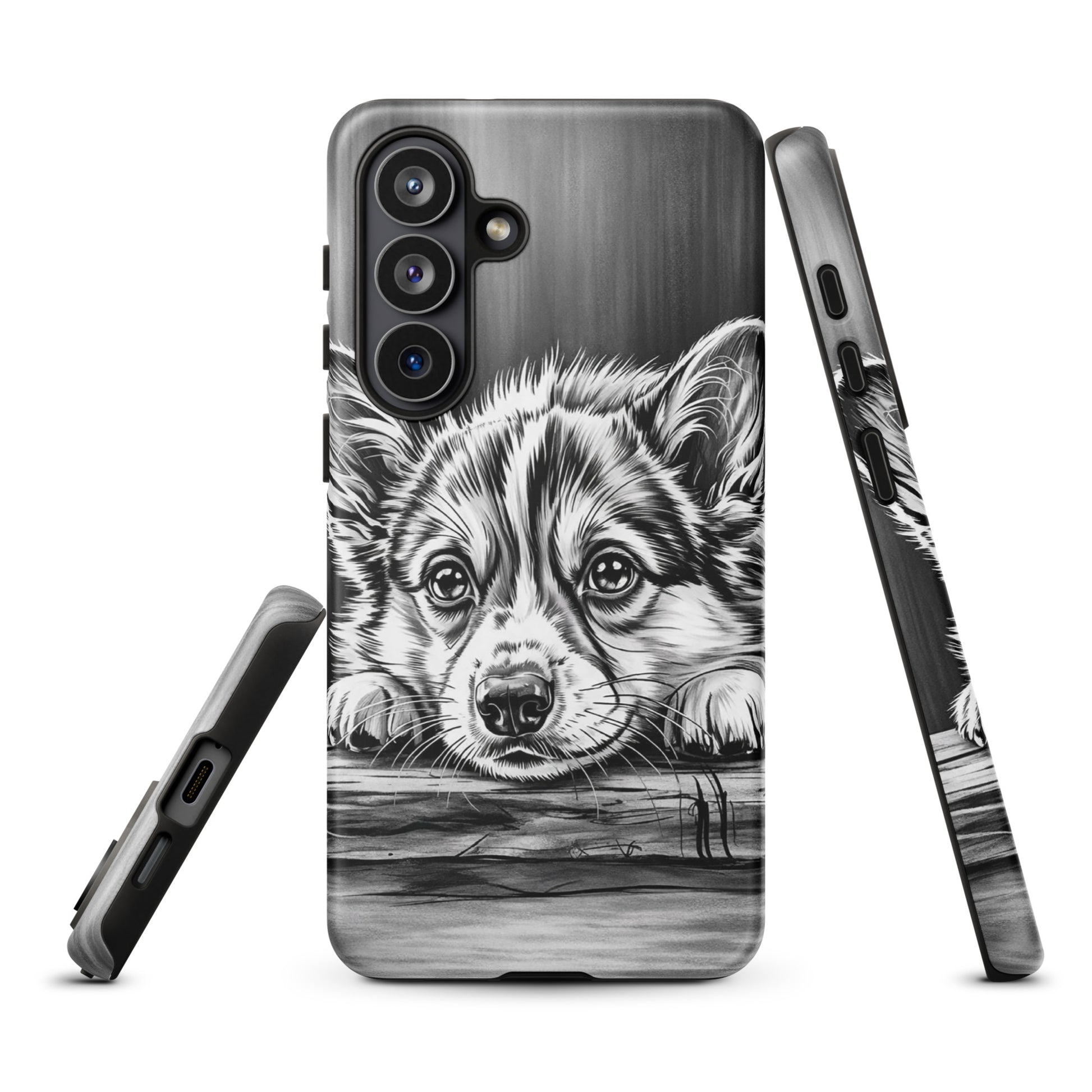 Phone Case for Samsung Galaxy with elegant black-and-white puppy art on an aged wood background, offering style and protection.