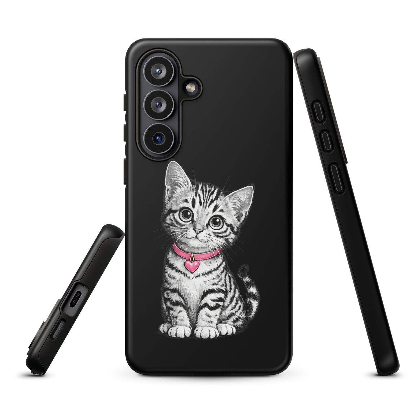 Phone Case for Samsung Galaxy featuring a pencil-sketch kitten with pink collar and heart charm, showcasing elegant black-and-white artistry.