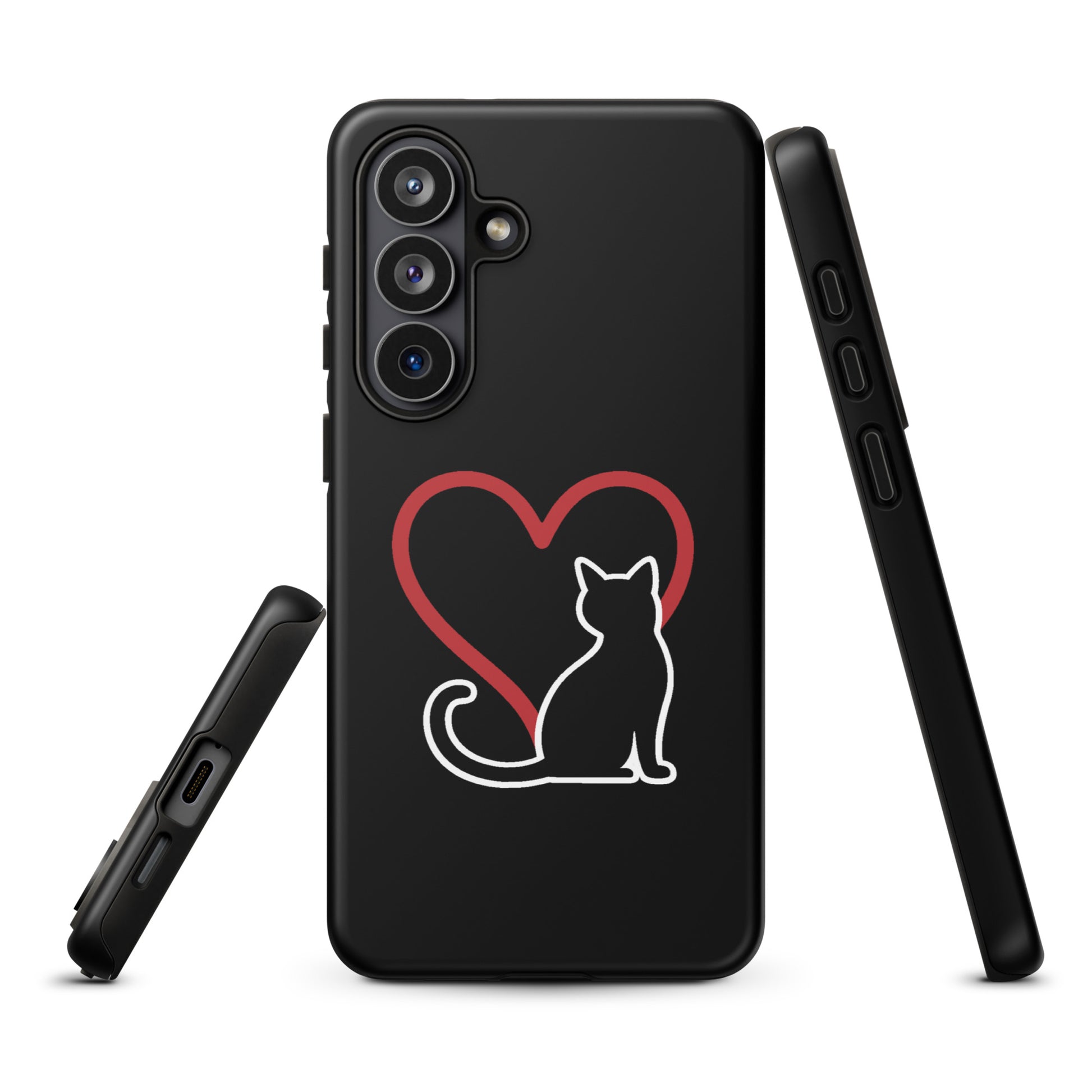 Phone Case for Samsung Galaxy featuring white cat and red heart design on black background for cat lovers.