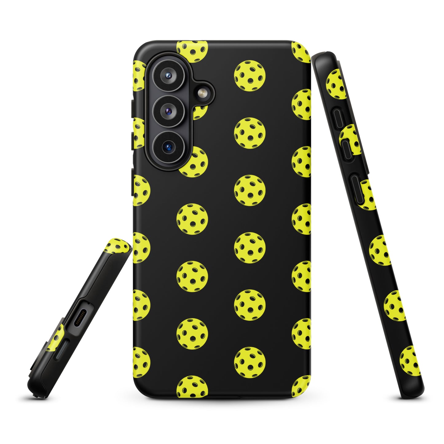 Phone Case for Samsung Galaxy with pickleball pattern, featuring bold yellow balls on a black background for sporty style and protection.