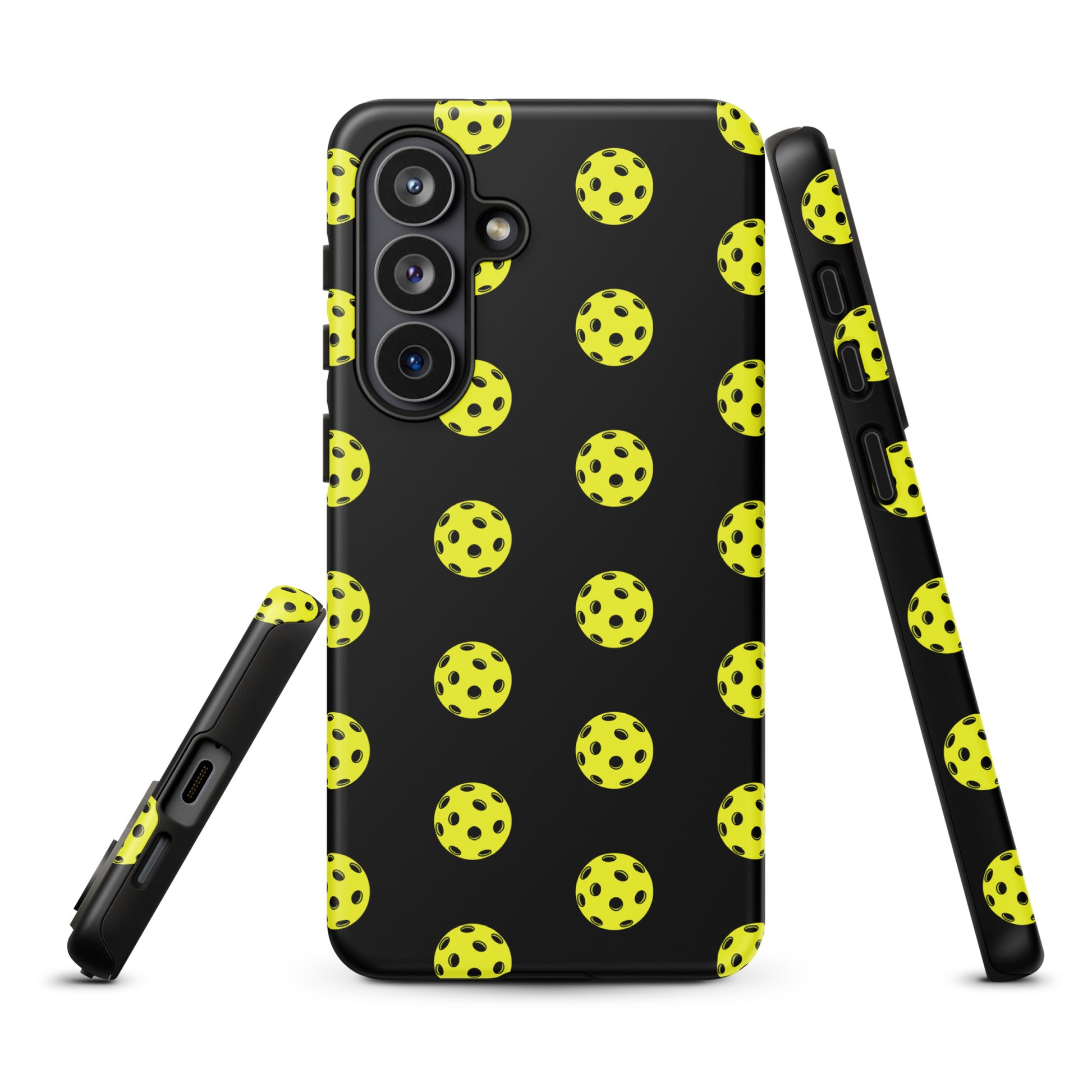 Phone Case for Samsung Galaxy with pickleball pattern, featuring bold yellow balls on a black background for sporty style and protection.