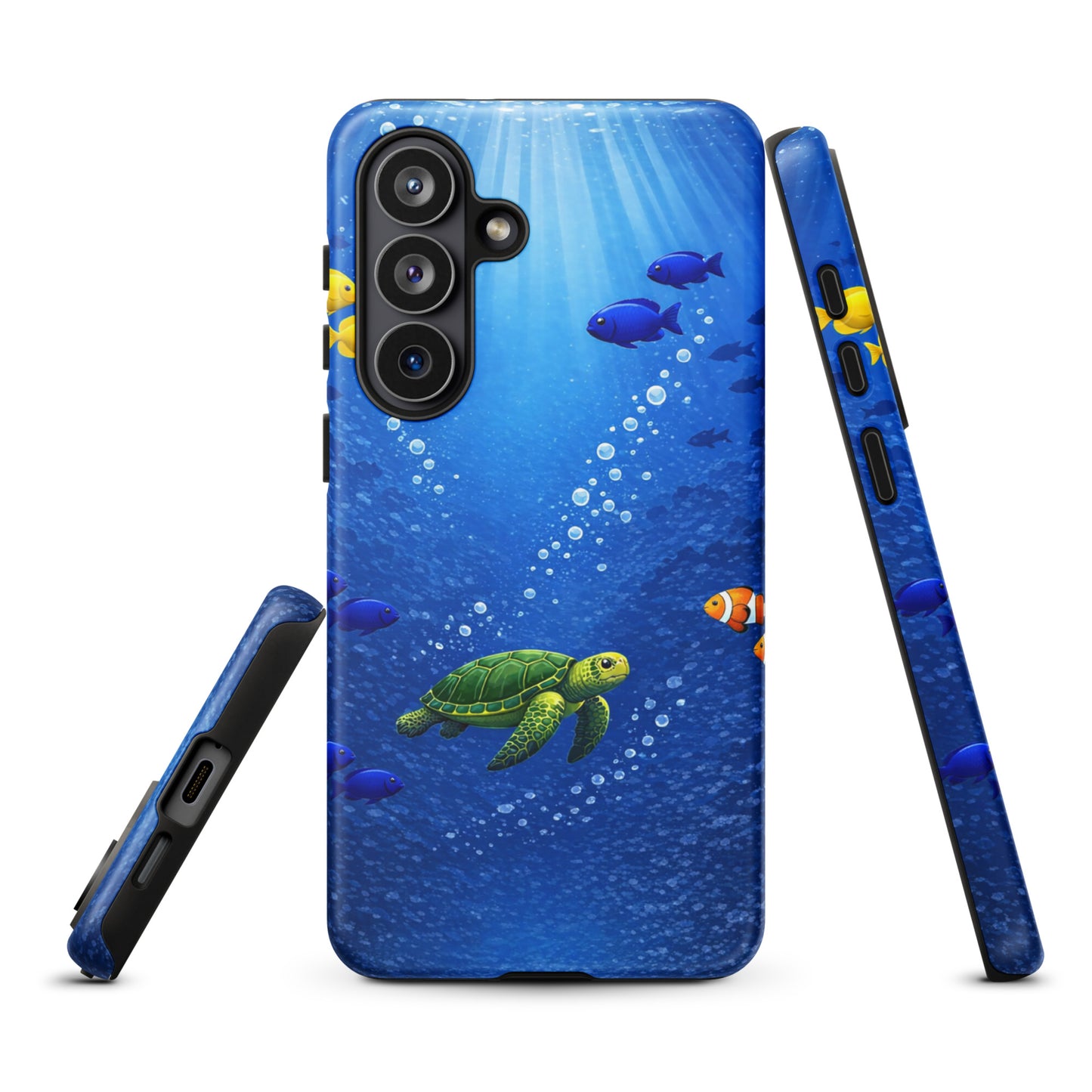 Phone Case for Samsung Galaxy featuring sea turtle design in deep blue ocean with tropical fish, showcasing dual-layer protection.