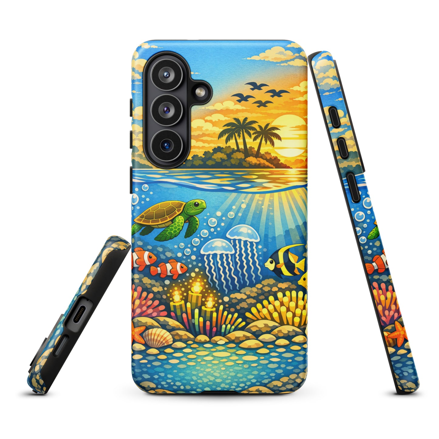 Phone Case for Samsung Galaxy with tropical sunset and underwater reef, featuring sea turtles, coral, and colorful marine life.