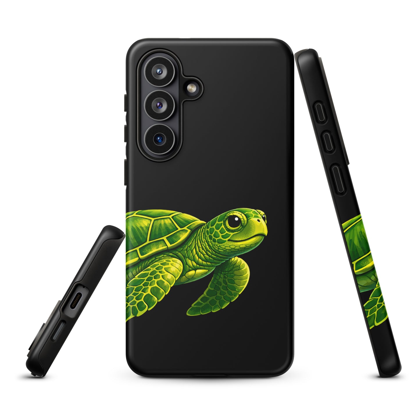 Phone case for Samsung Galaxy featuring a sea turtle design with vibrant colors on a black background, offering style and protection.
