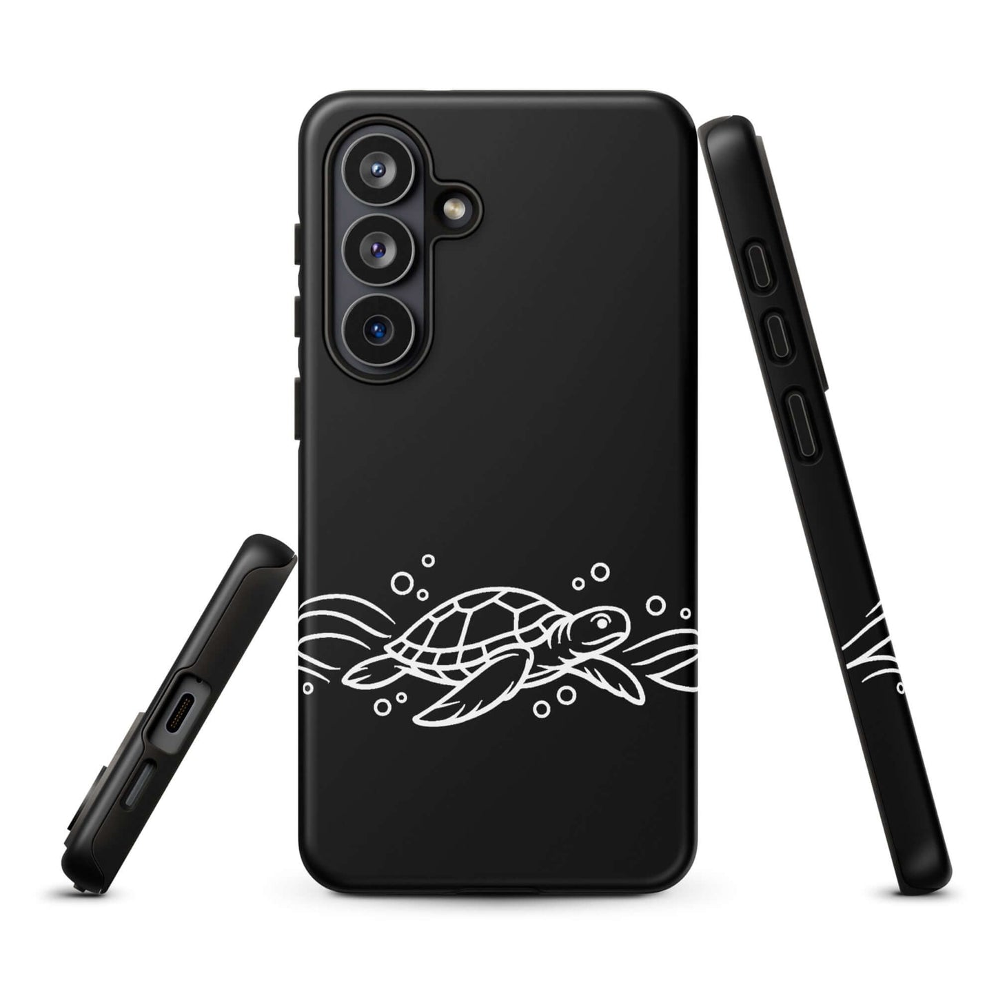 Phone Case for Samsung Galaxy featuring minimalist sea turtle design with waves and bubbles, ocean-inspired vector art.