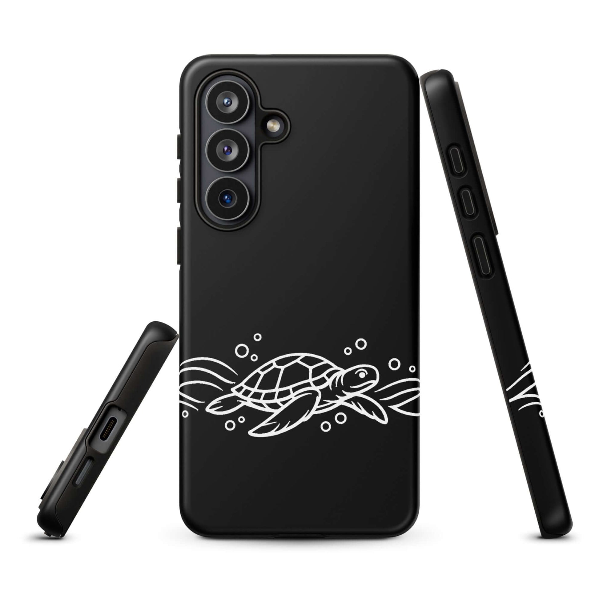 Phone Case for Samsung Galaxy featuring minimalist sea turtle design with waves and bubbles, ocean-inspired vector art.