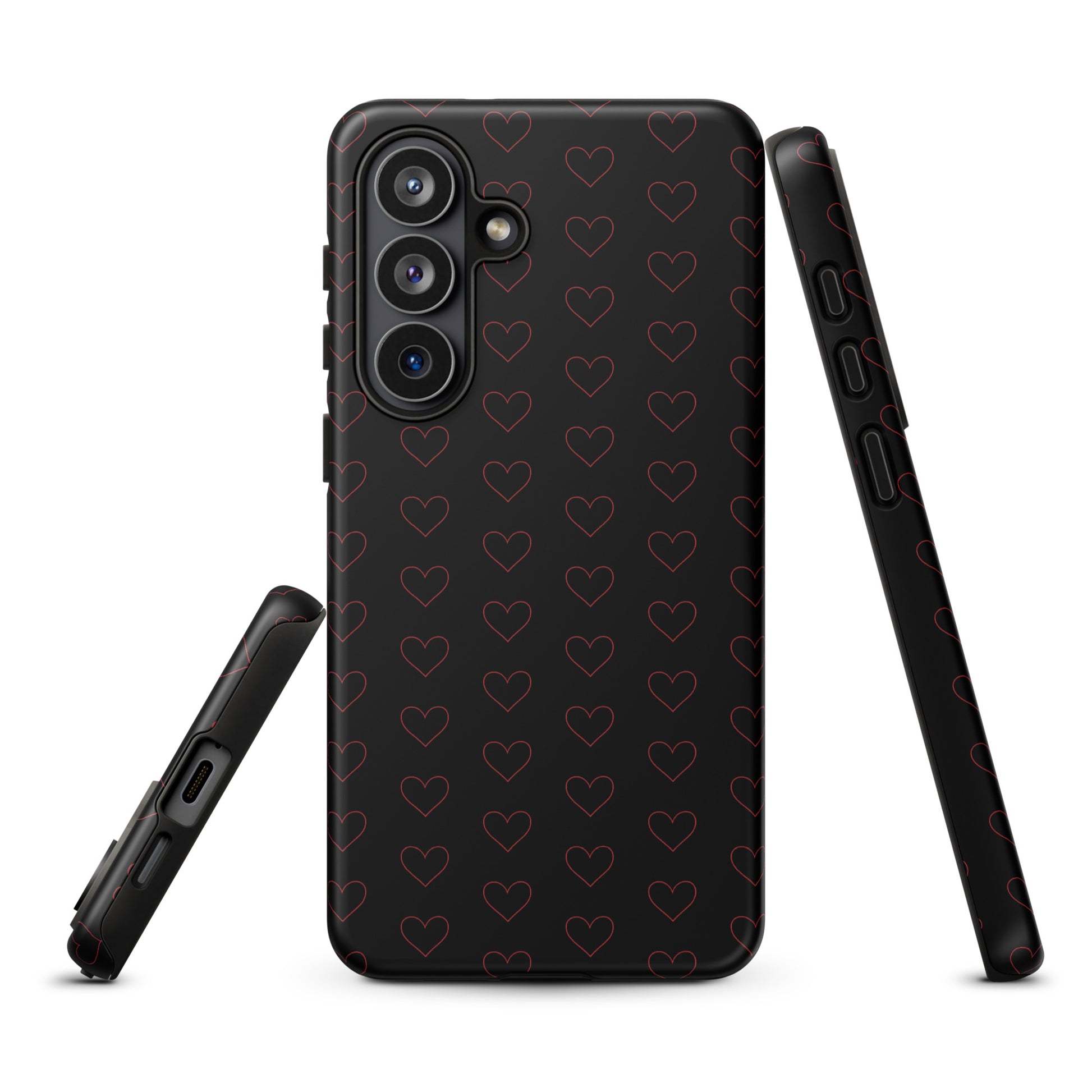Phone Case for Samsung Galaxy with crimson heart pattern, minimalist design, luxury appeal, high-end editorial style.
