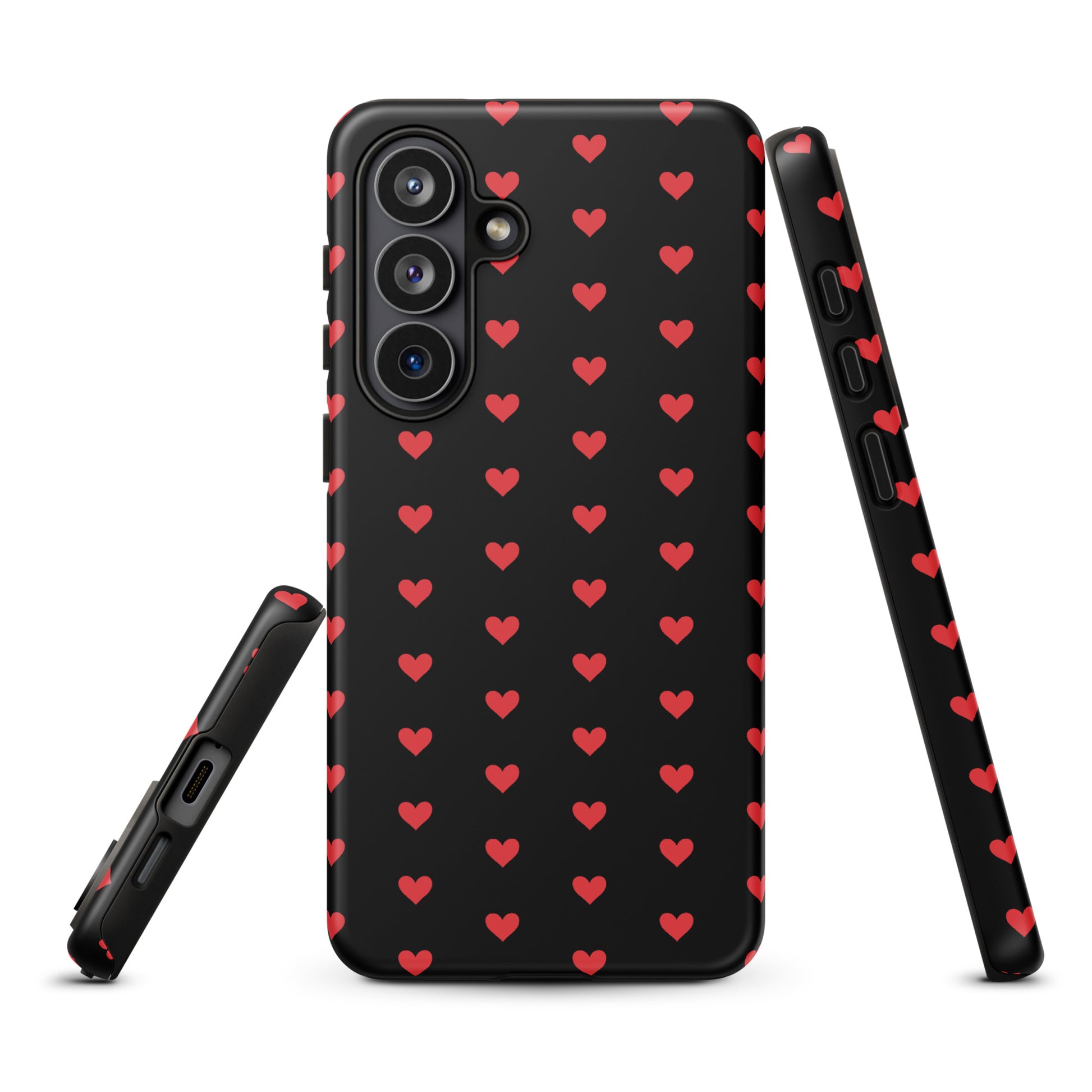 Phone Case for Samsung Galaxy with fiery red hearts on a deep black background, luxury design with durable protection.