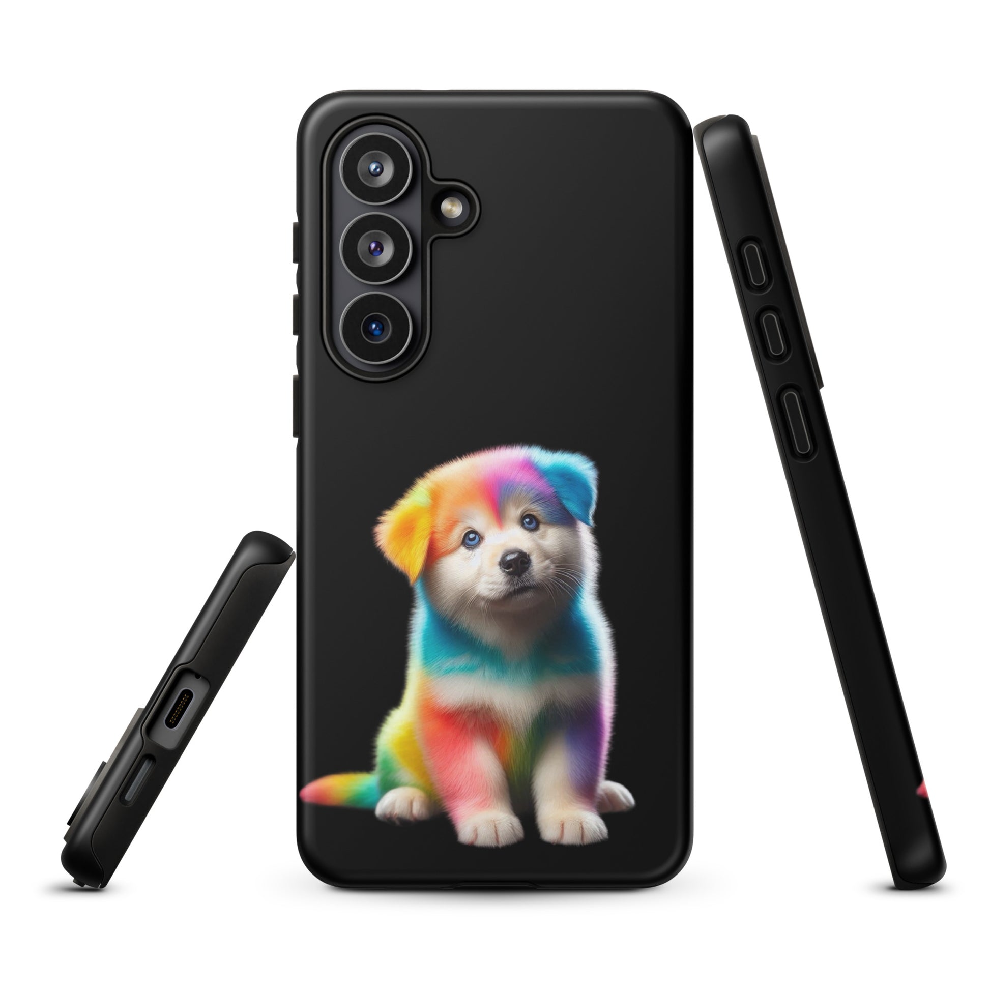 Phone Case with rainbow puppy design for Samsung Galaxy, featuring cosmic sparkle and vibrant colors against a night sky.