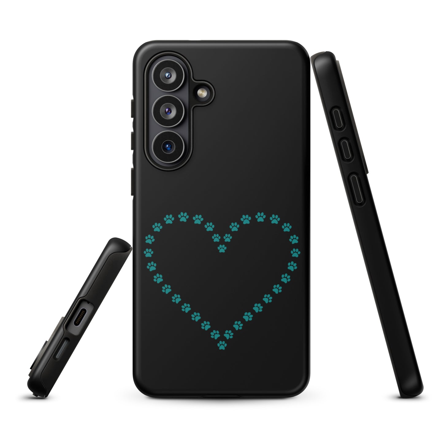 Phone Case for Samsung Galaxy with paw print heart design in black and teal, perfect for pet lovers seeking stylish and durable protection.