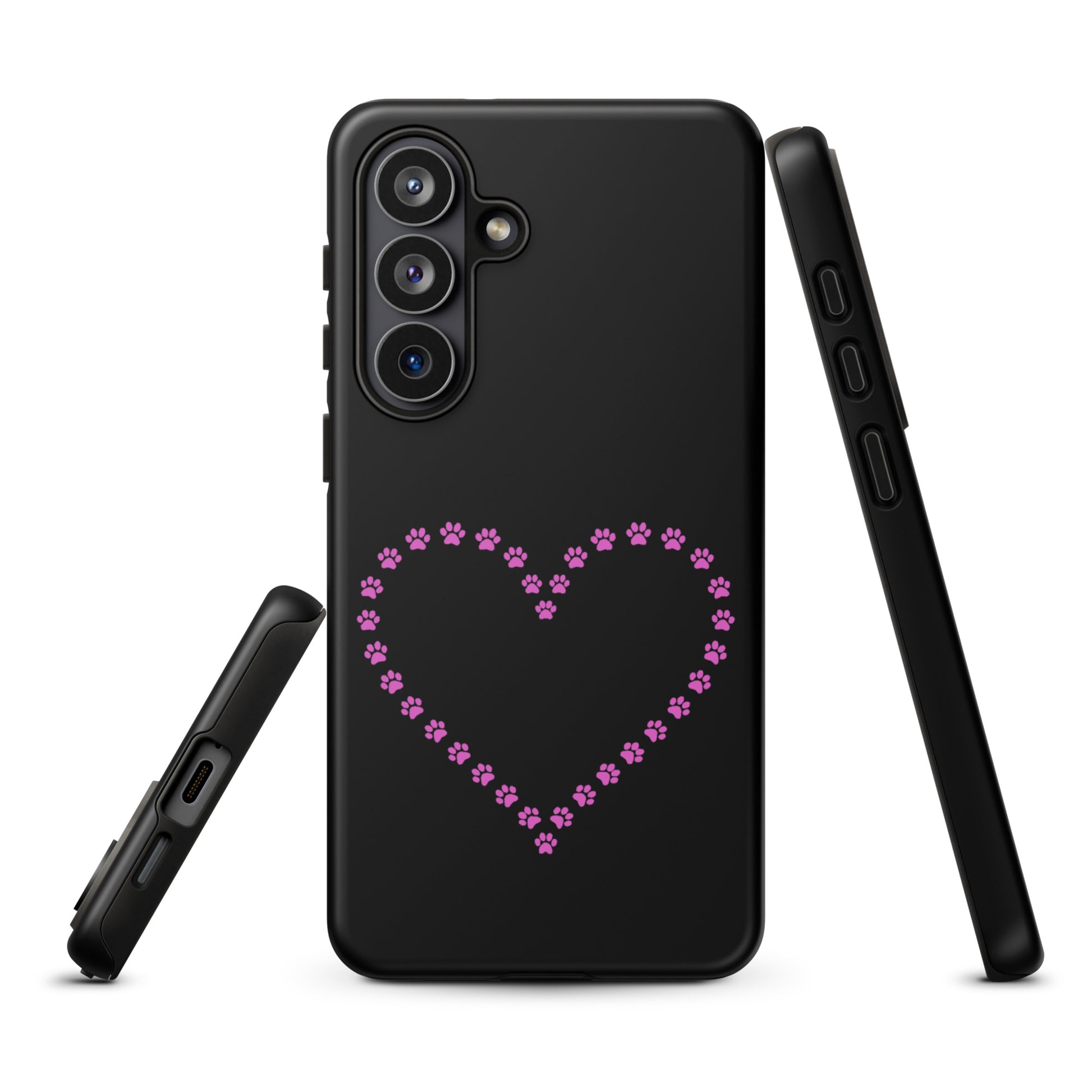 Phone Case for Samsung Galaxy with paw print heart design in black and pink for pet lovers, featuring durable protection.