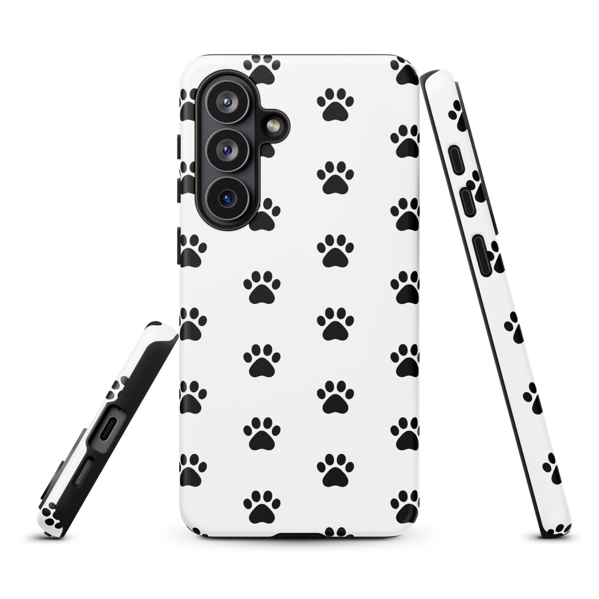Phone Case for Samsung Galaxy with stylish paw print design for pet lovers, featuring minimalist black paw icons on white background.