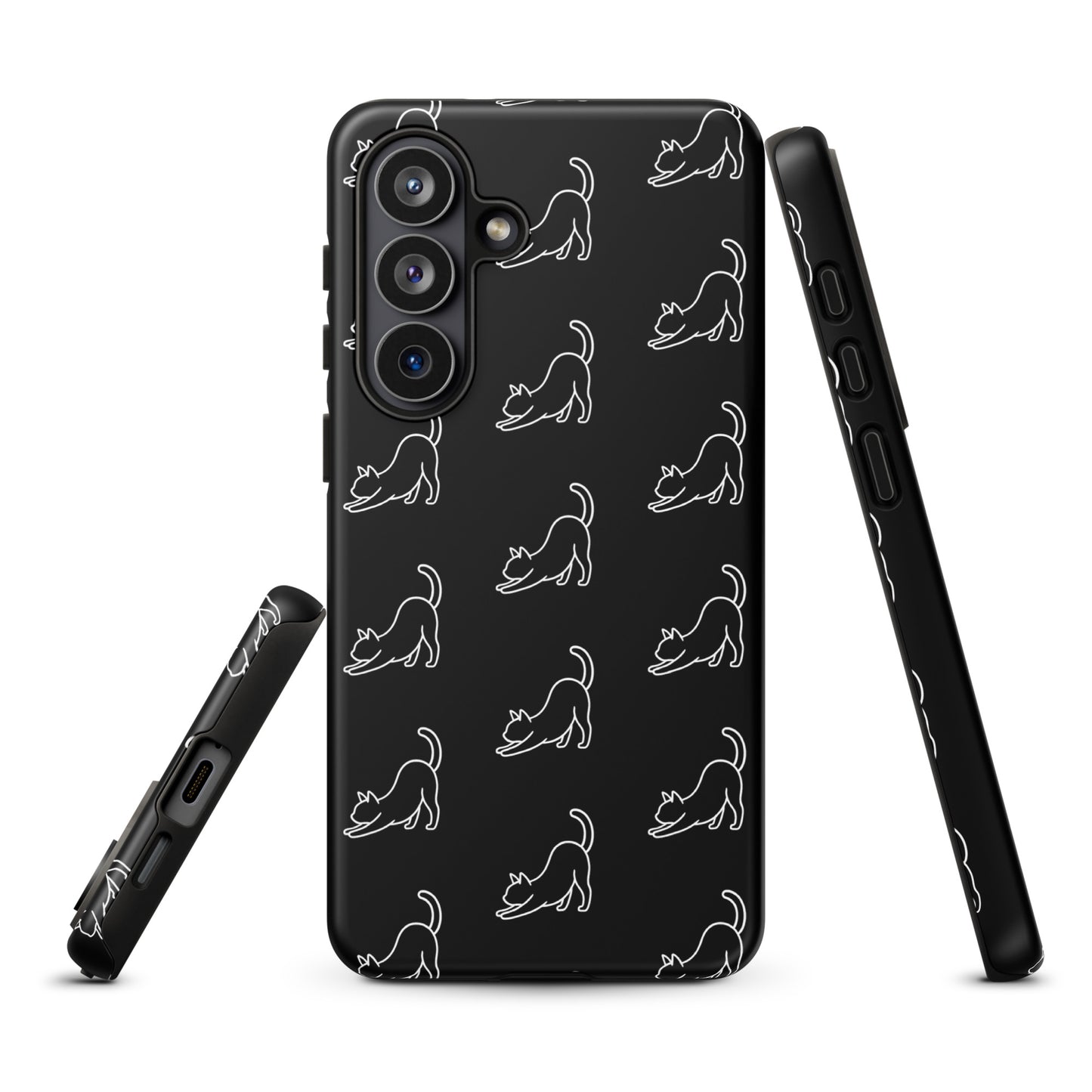 Phone Case for Samsung Galaxy with minimalist stretching cat pattern, showcasing playful design and robust protection for modern cat lovers.