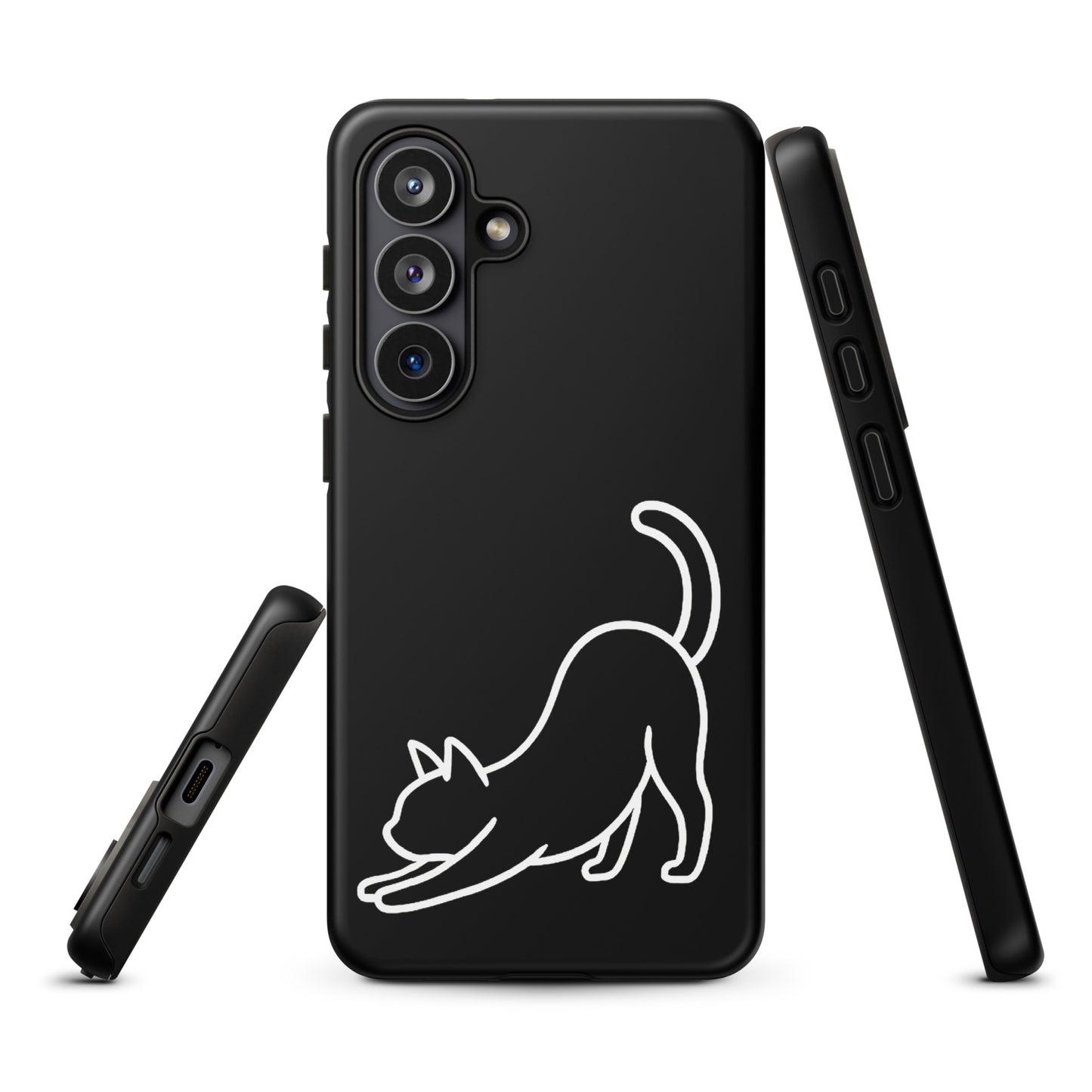 Phone Case for Samsung Galaxy with minimalist stretching cat design, offering sleek aesthetics and impact protection for cat lovers.