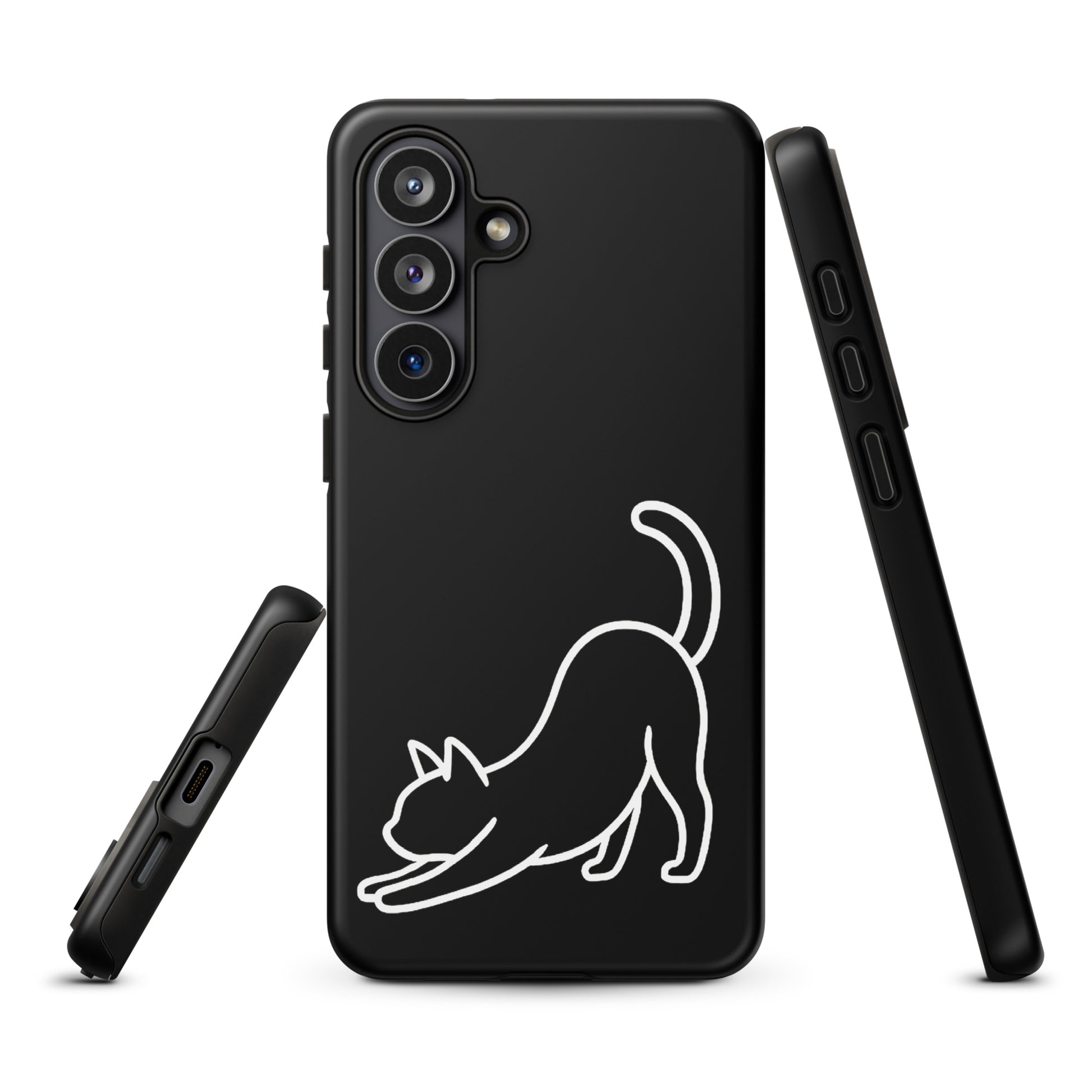 Phone Case for Samsung Galaxy with minimalist stretching cat design, offering sleek aesthetics and impact protection for cat lovers.
