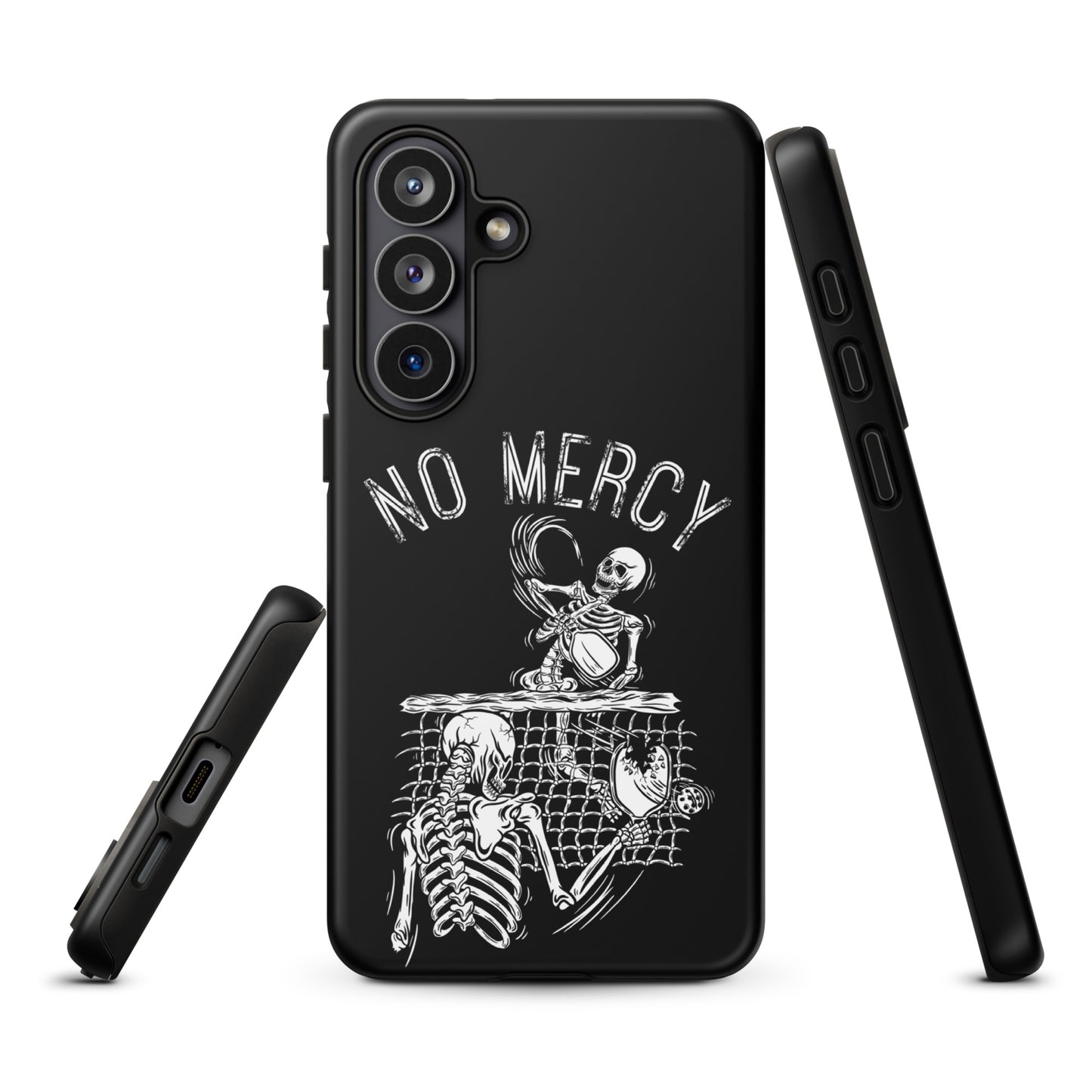 Pickleball Samsung Galaxy Case with "No Mercy" skeleton design showcasing intense pickleball action and court dominance.