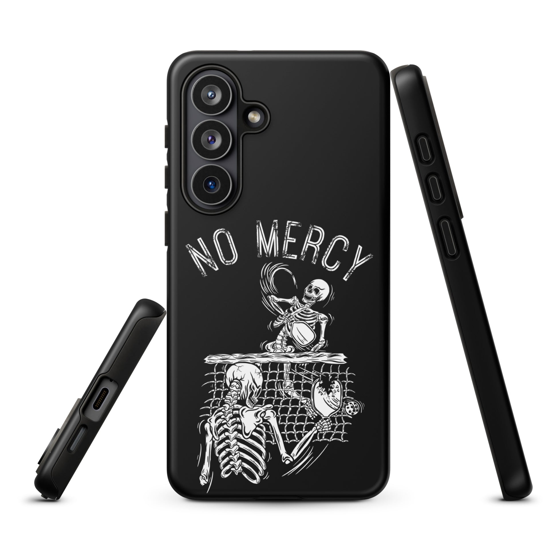 Pickleball Samsung Galaxy Case with "No Mercy" skeleton design showcasing intense pickleball action and court dominance.