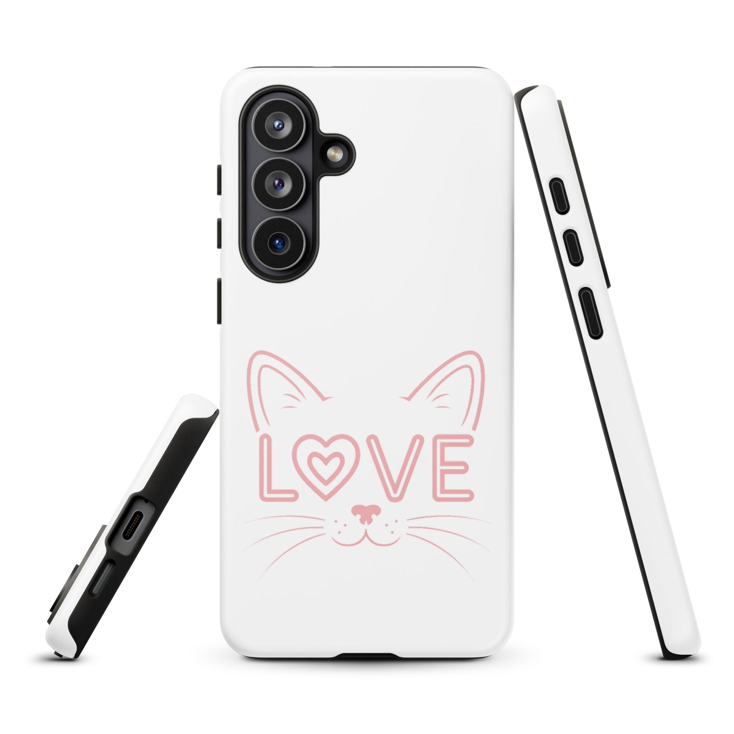 Cat Love phone case for Samsung Galaxy with minimalist cat face and 'love' design, stylish and protective.