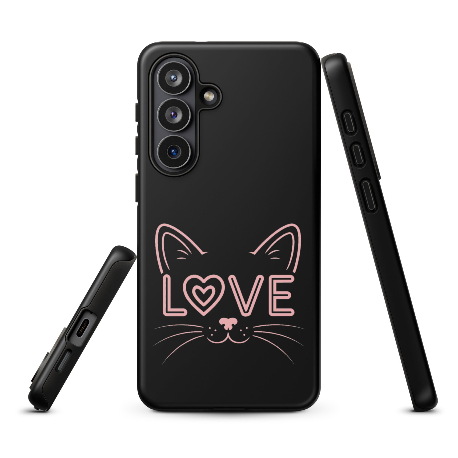 Cat Love phone case for Samsung Galaxy featuring minimalistic cat face and love design.