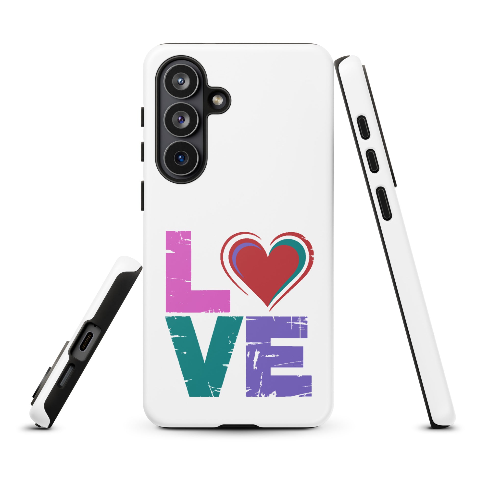 Phone Case Love Dual Layer for Samsung Galaxy with 'LOVE' design and heart symbol, showcasing tough protection and stylish design.