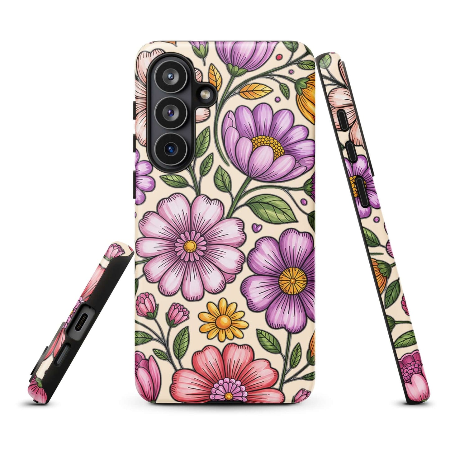 Phone Case for Samsung Galaxy with pastel floral design in pinks, lavenders, and yellows over a deep background, showcasing cheerful elegance.