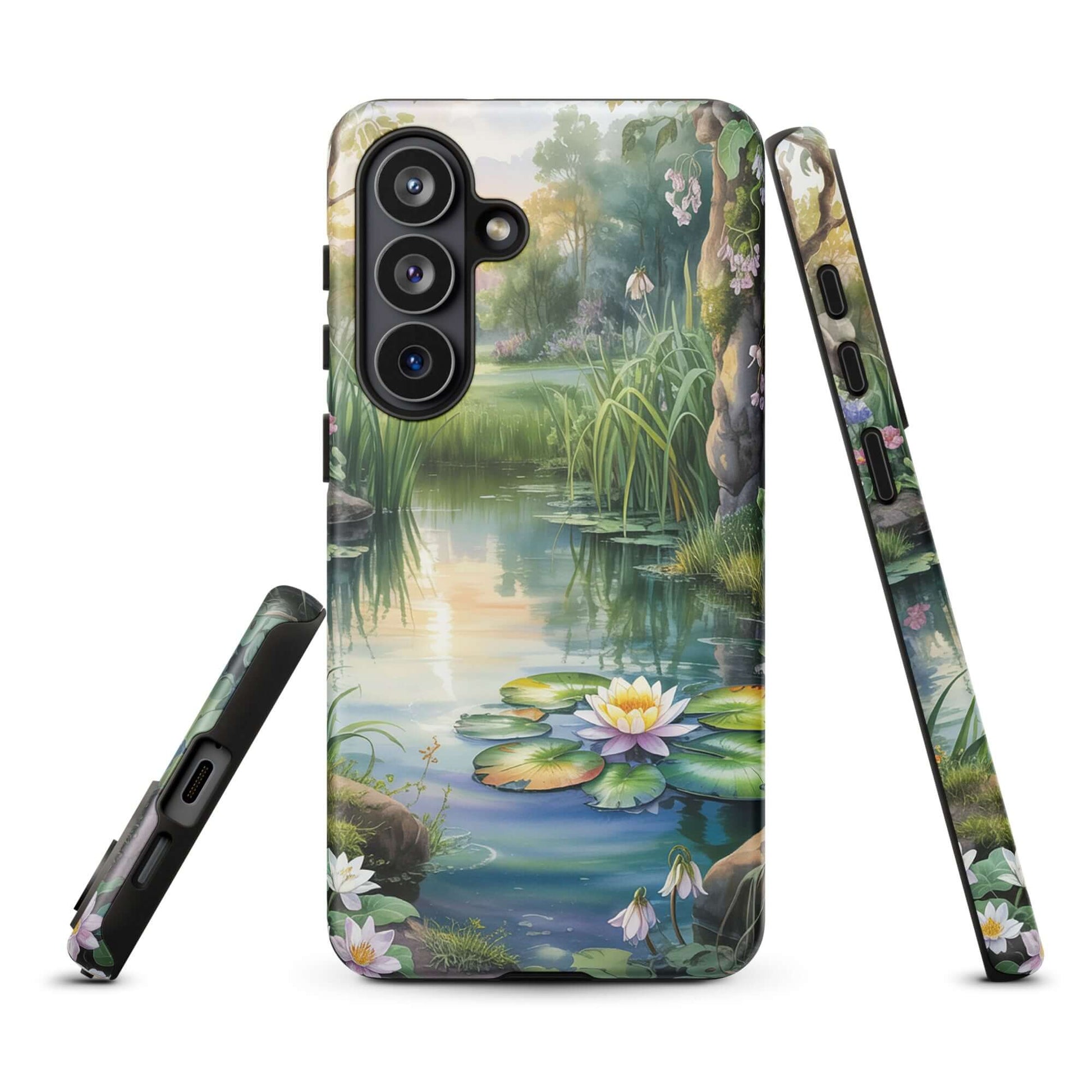 Phone Case for Samsung Galaxy with enchanted pond design featuring lily pads and lush greenery.