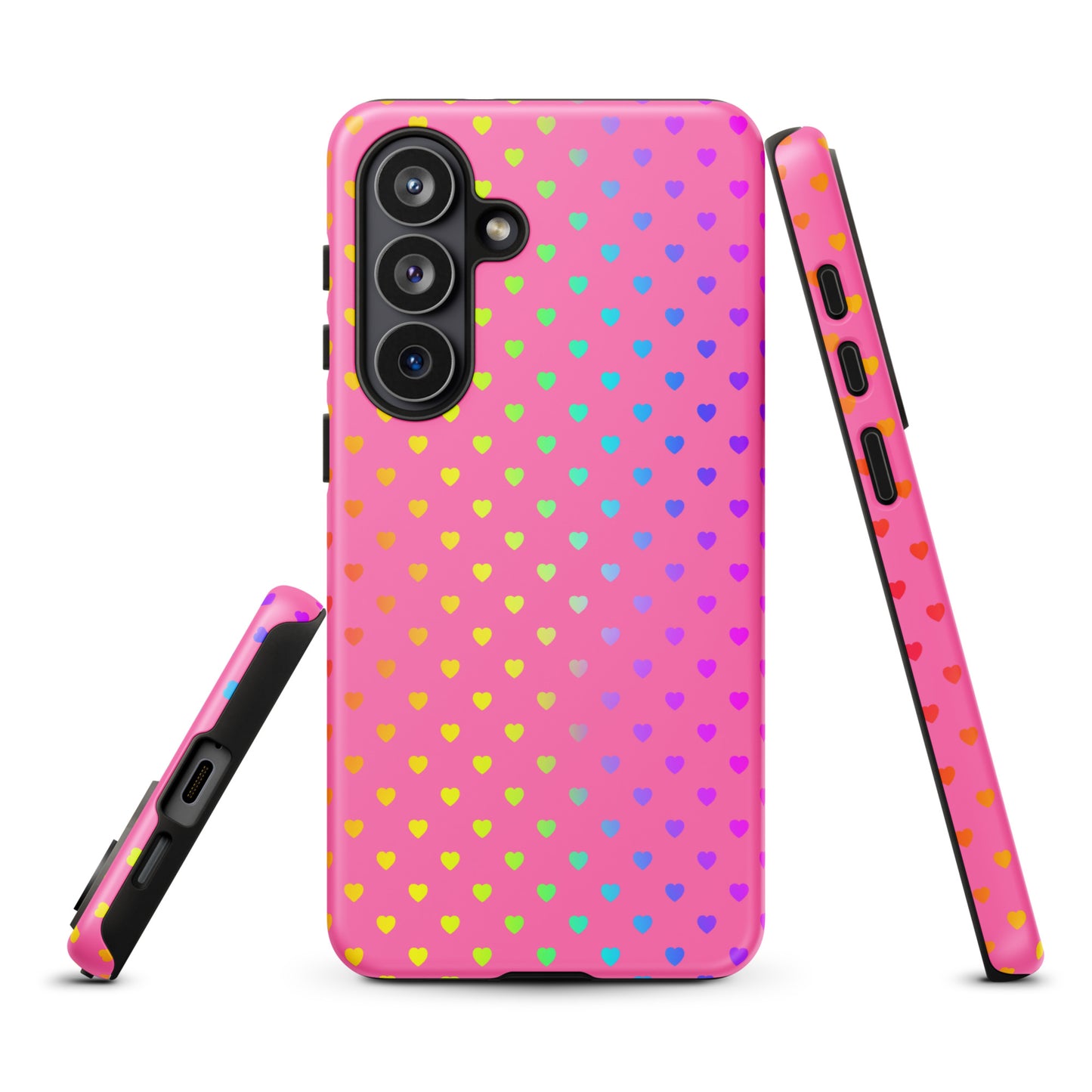Phone case for Samsung Galaxy with cute rainbow hearts on pink background, showcasing colorful and playful design.