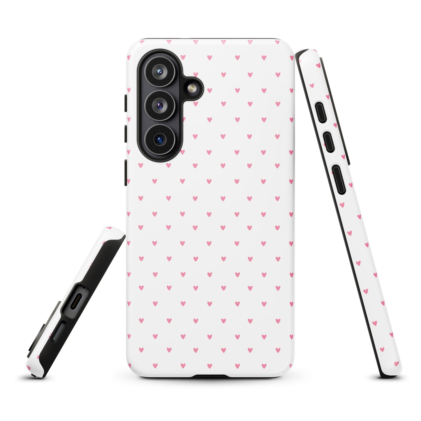 Phone Case for Samsung Galaxy with heart-dot pattern, playful design featuring tiny pink hearts on a white background, stylish accessory.